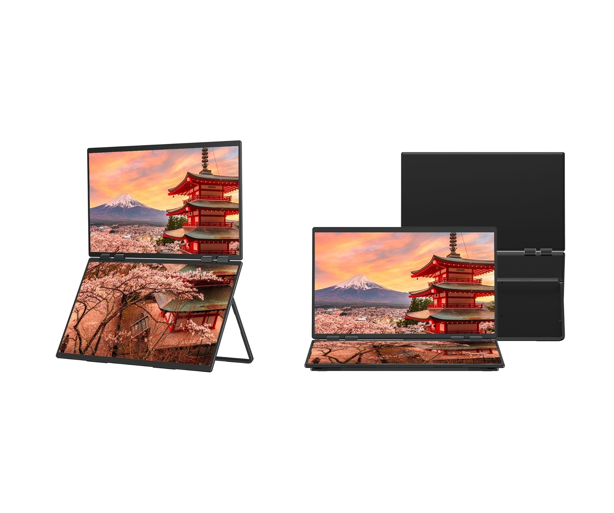 Zwei Laptops zeigen eine japanische Szene mit Berg, Pagode und Kirschblüten. Einer ist offen, der andere geschlossen.