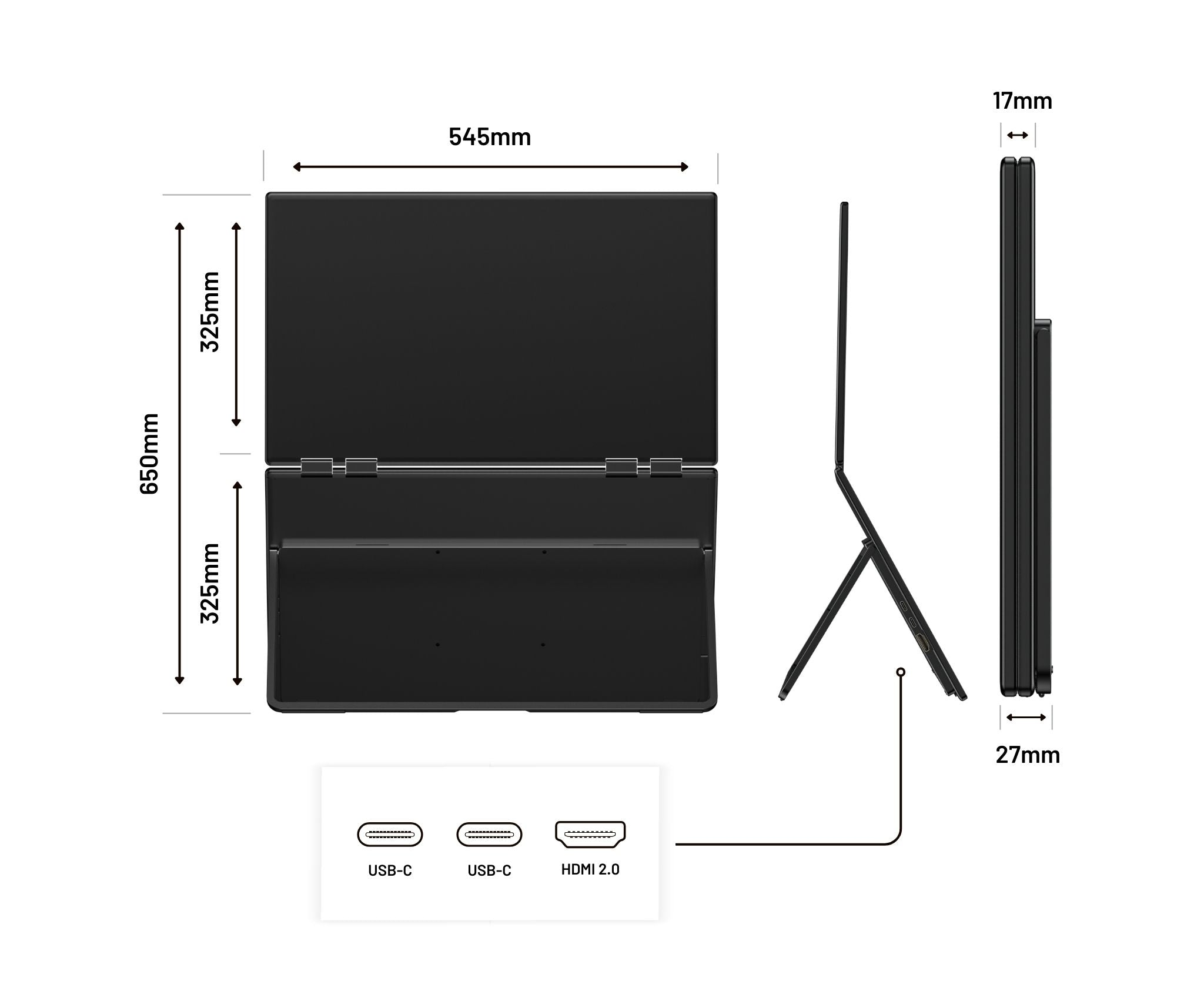 Diagramm eines schwarzen Laptops mit Abmessungen. Zeigt USB-C- und HDMI-Anschlüsse. Maße: 545 mm, 325 mm, 650 mm, 17 mm und 27 mm.