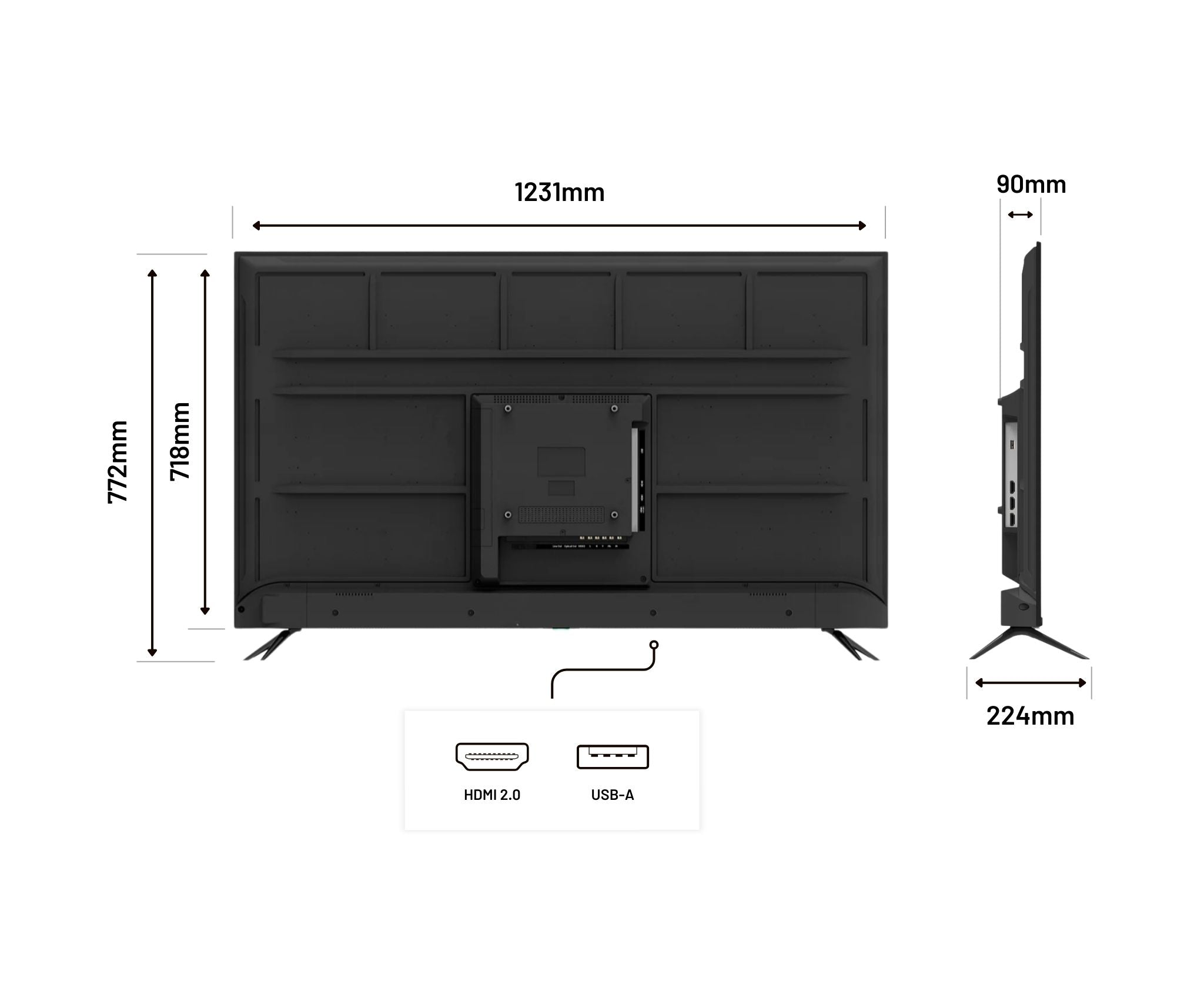 Ein schwarzer Fernseher, Maße: 1231 mm Breite, 772 mm Höhe, 90 mm Tiefe. HDMI 2.0- und USB-A-Anschlüsse sind abgebildet.