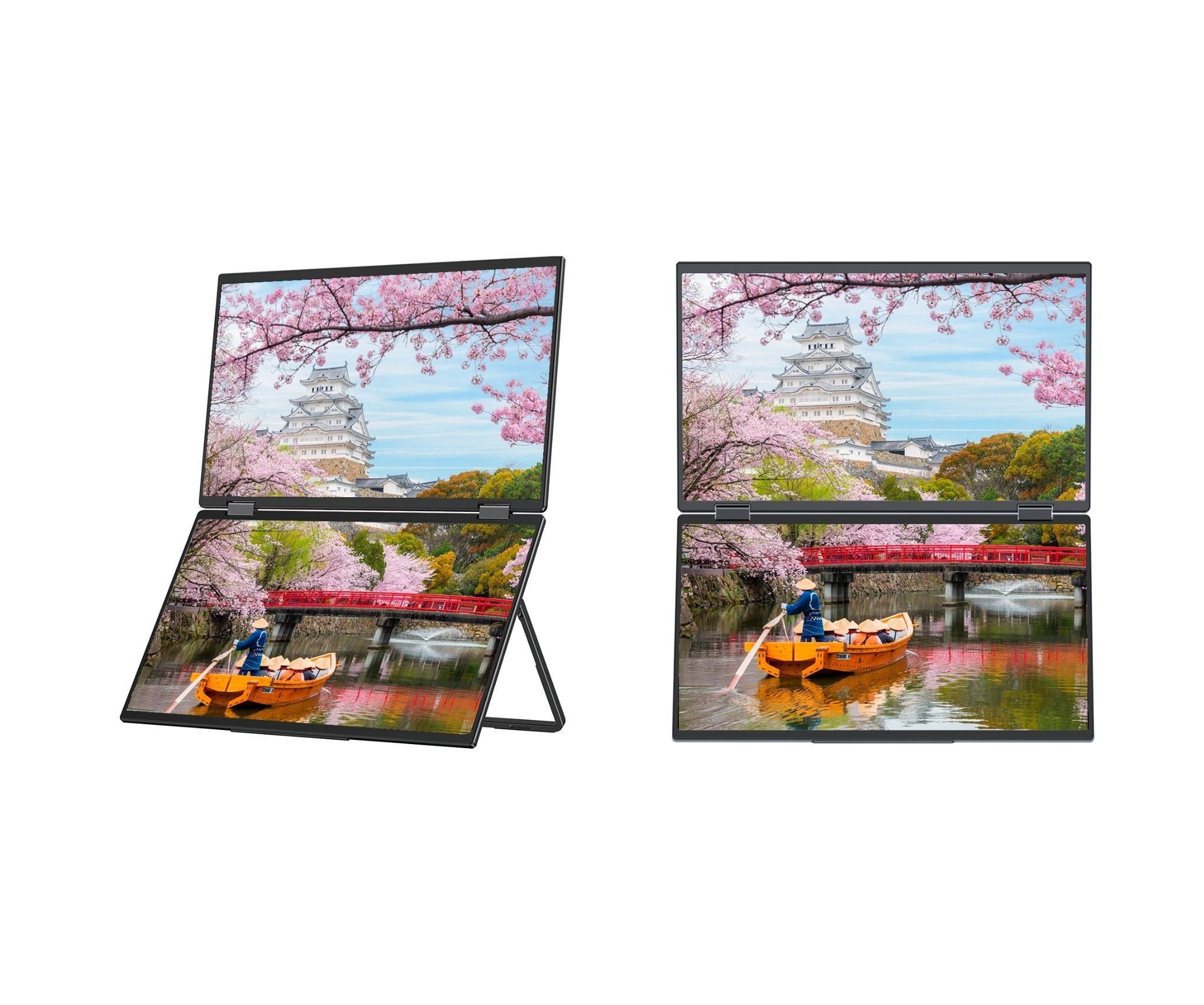 Zwei Laptop-Bildschirme zeigen eine japanische Landschaft. Einer zeigt ein Boot auf dem Wasser und eine Burg. Der zweite zeigt die gleiche Szene.