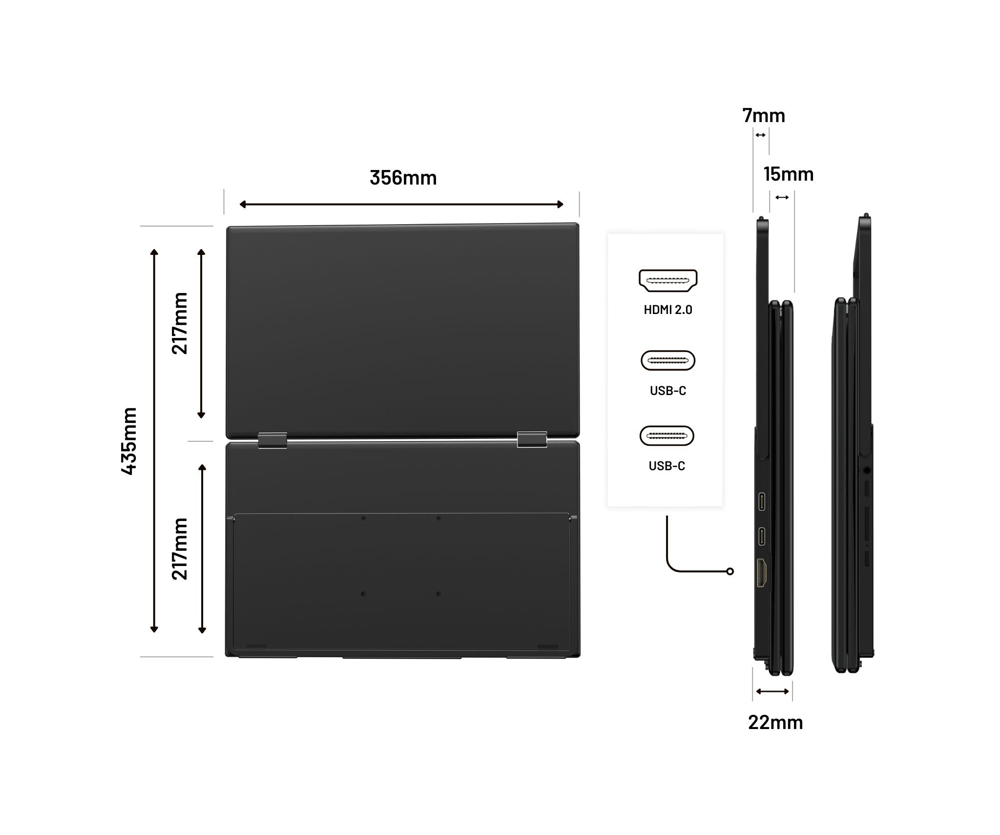 Diagramm eines schwarzen Laptops mit Maßen. Zeigt offene und geschlossene Ansichten, Anschlüsse und Abmessungen in Millimetern. HDMI- und USB-C-Anschlüsse sichtbar.