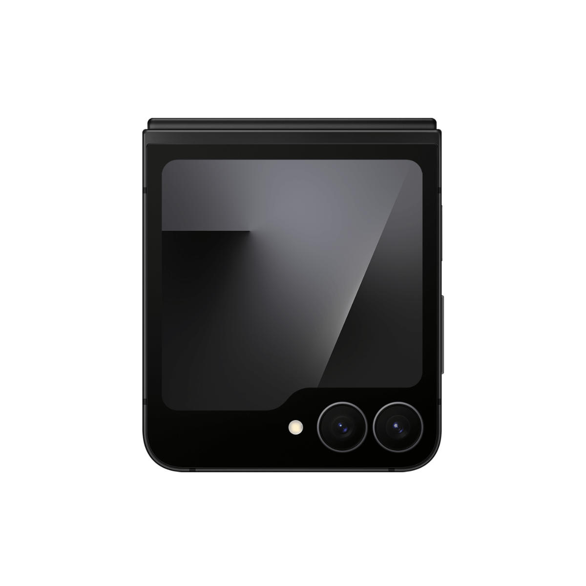 Czarny, złożony smartfon na białym tle. Ma duży ekran, dwa aparaty i lampę błyskową. Telefon jest zamknięty.