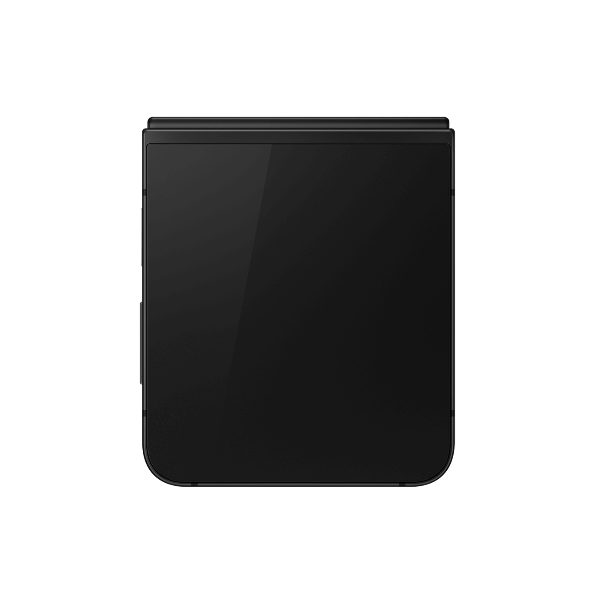 Zamknięte, czarne, prostokątne urządzenie z zaokrąglonymi narożnikami na białym tle. Ekran jest błyszczący i odbijający światło.