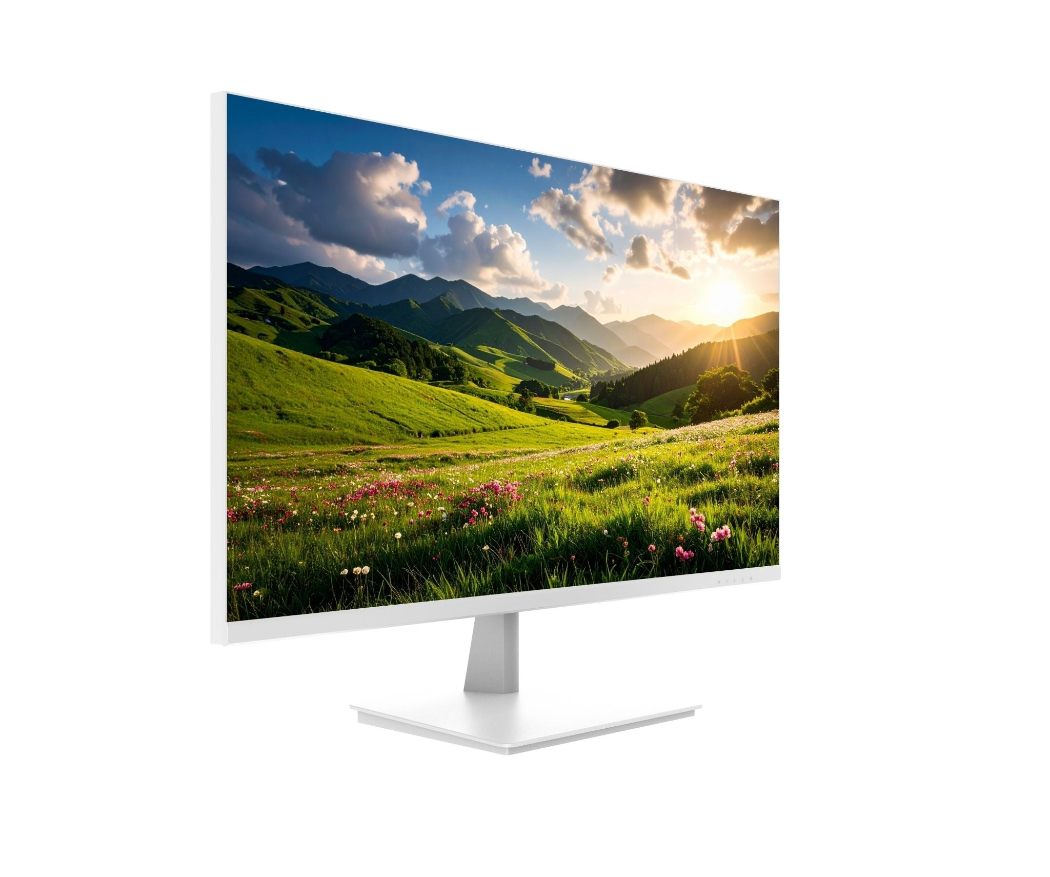 Ein Computermonitor zeigt eine malerische Landschaft mit Bergen, grünen Feldern, Wildblumen und Sonnenuntergang.