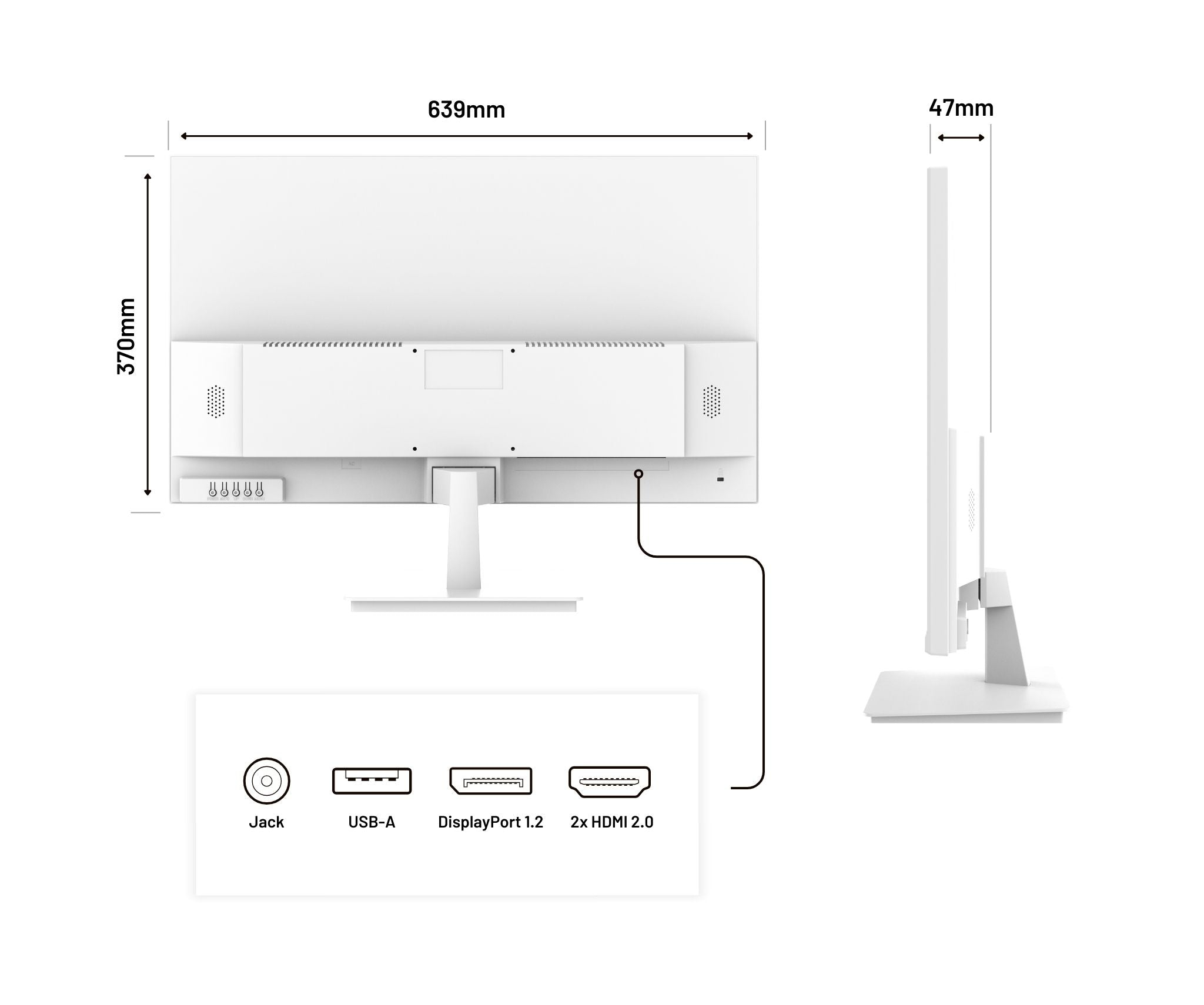 Weißer Monitor mit Maßangaben. Zeigt Anschlüsse: Klinke, USB-A, DisplayPort 1.2, 2x HDMI 2.0. Seitenansicht zeigt Dicke.