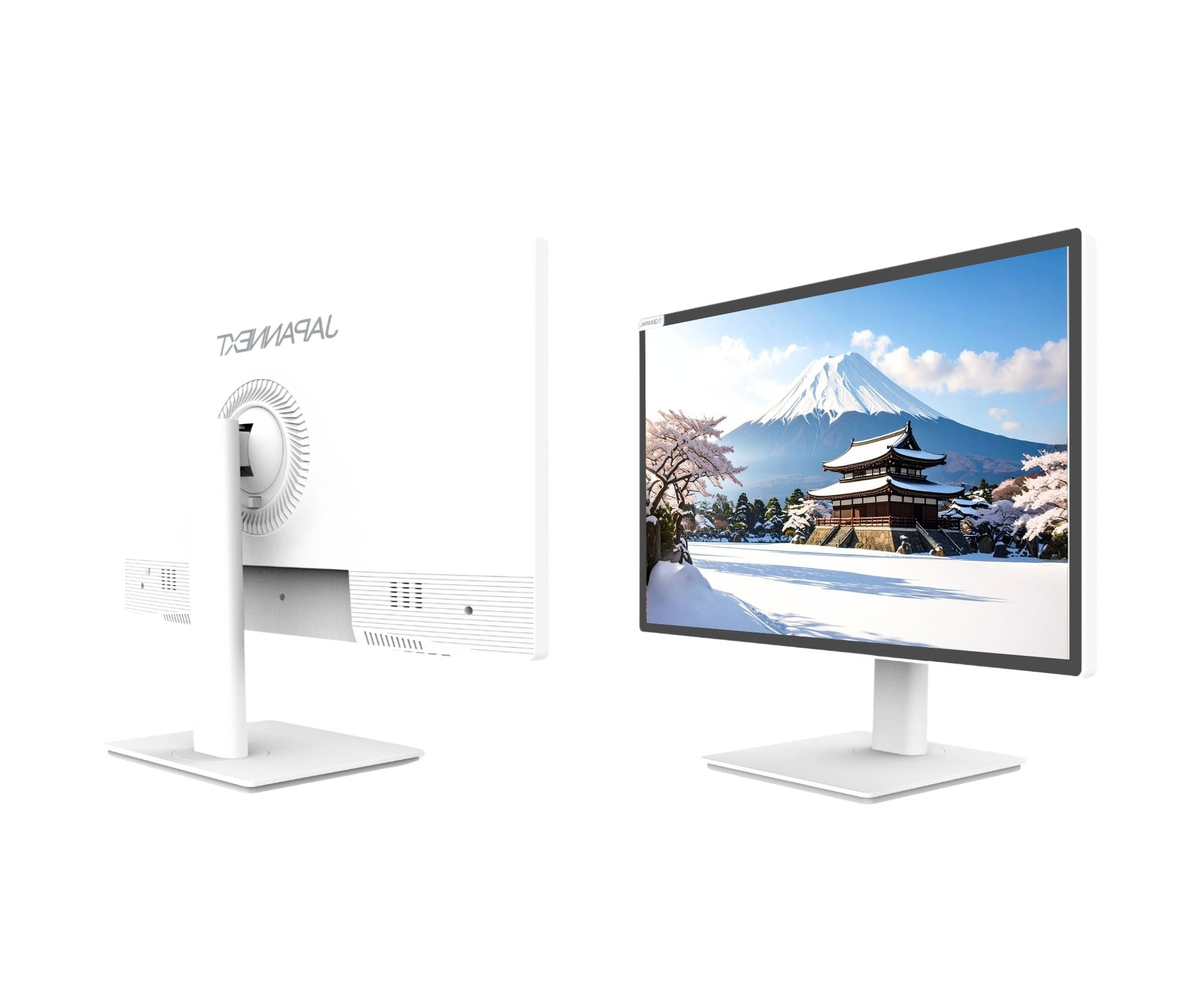 Weißer Monitor zeigt eine verschneite Landschaft mit Berg und Gebäude. Die Rückseite des Monitors ist ebenfalls sichtbar.