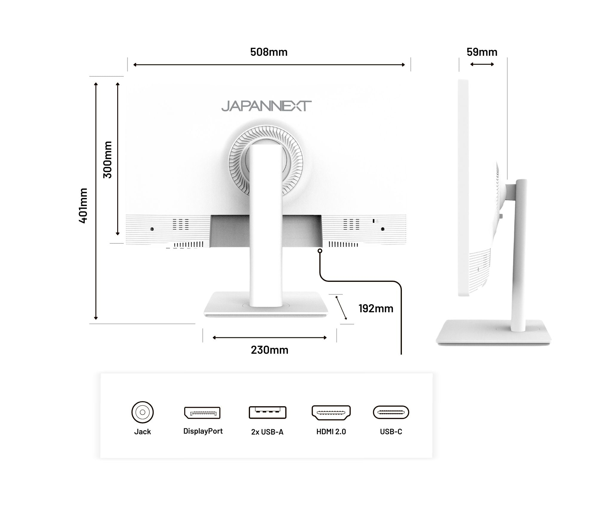 Ein weißer Monitor mit Abmessungen, Anschlüssen und dem JAPANNEXT-Logo. Maße sind in Millimetern angegeben.