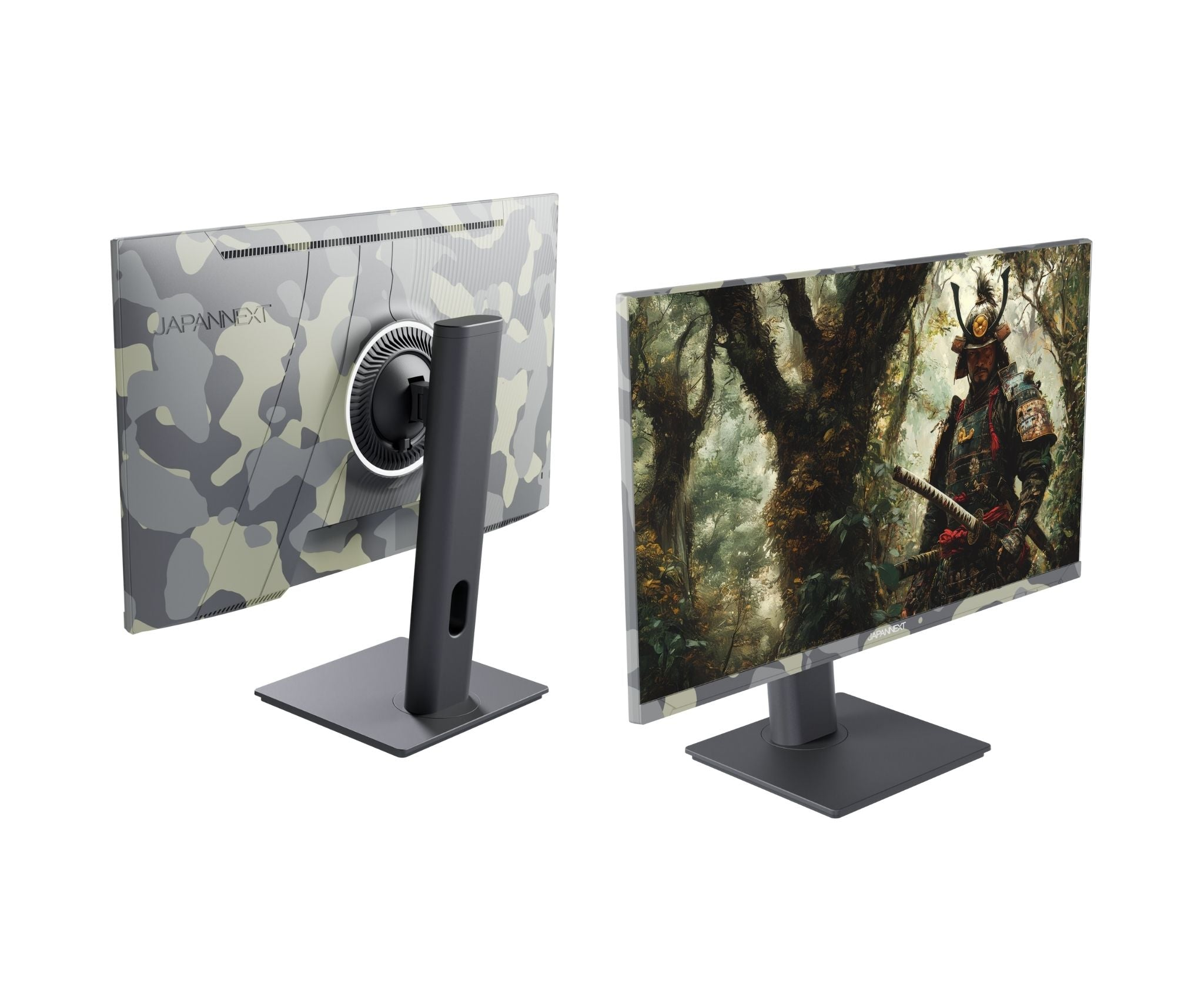 Two computer monitors. One shows a samurai image, the other has a camouflage pattern. Both have black stands.