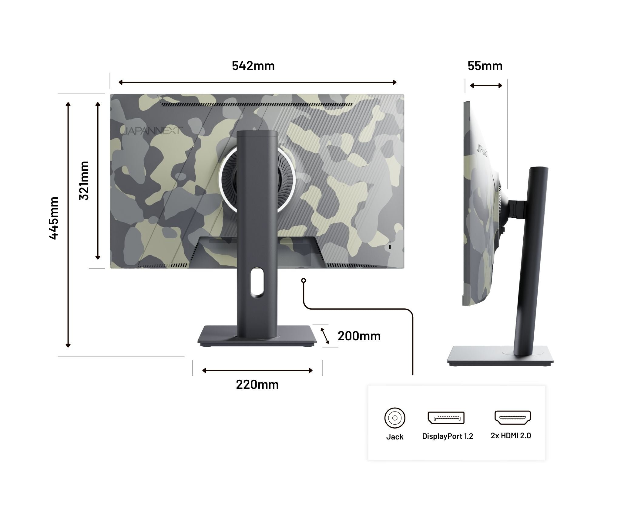 A monitor with camouflage pattern. Dimensions are shown. Display ports are at the bottom right. The brand is Japan Next.