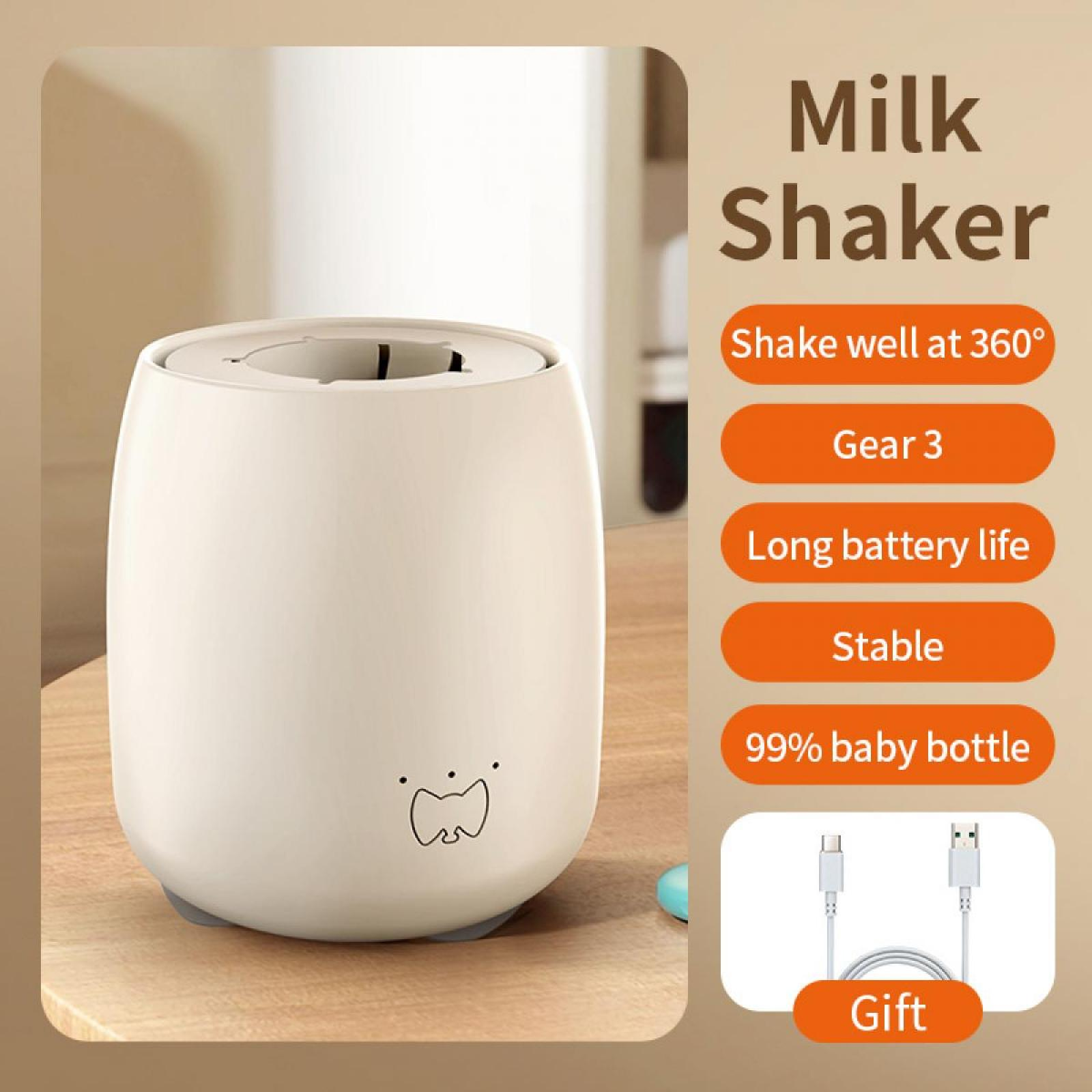 Ein weißer Milchschüttler mit niedlichem Design, Funktionen wie 'Gut schütteln bei 360°' und USB-Kabel im Hintergrund.