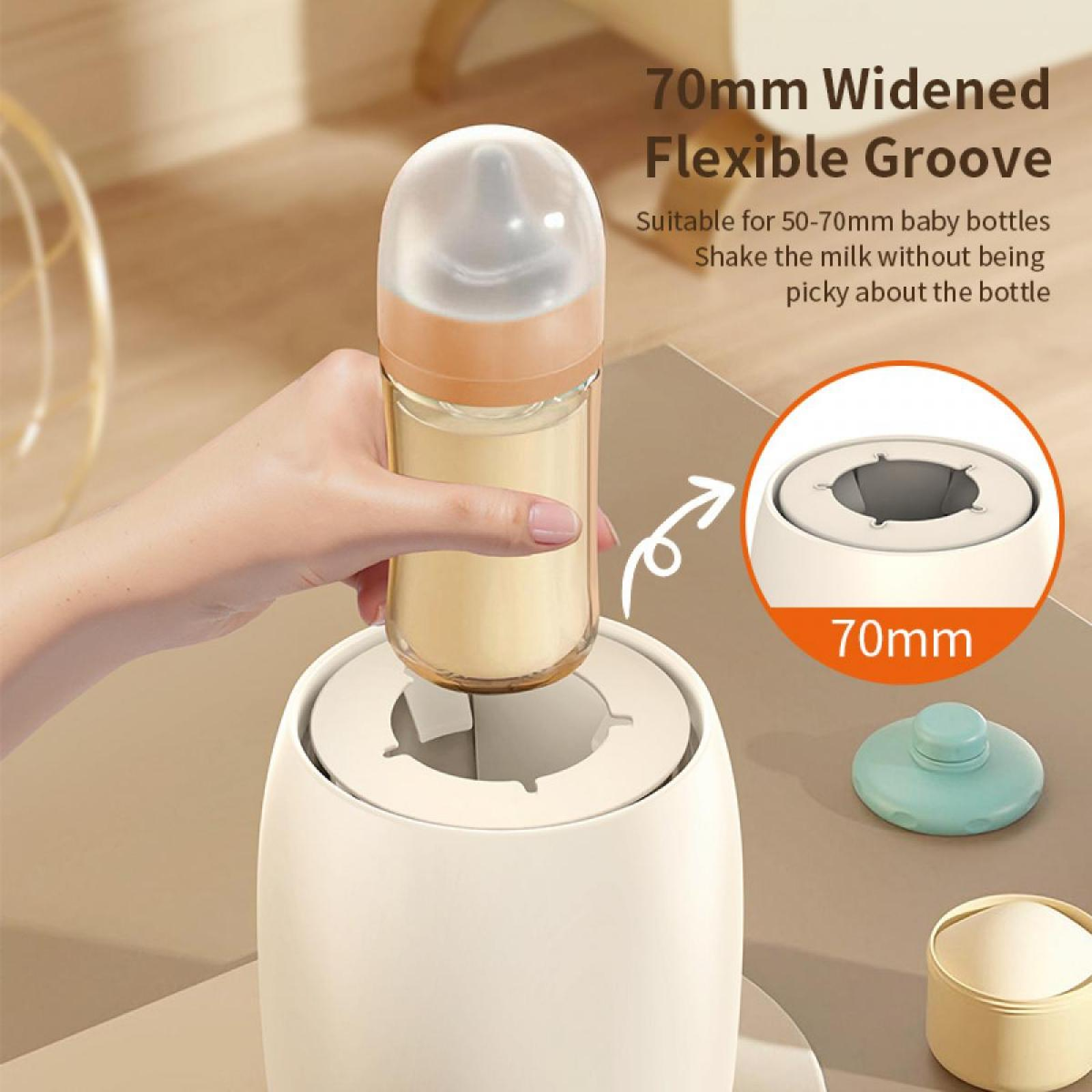 Eine Hand hält eine Babyflasche über einem weißen Gerät. Der Text lautet '70mm Widened Flexible Groove'. Ein 70mm Kreis wird gezeigt.