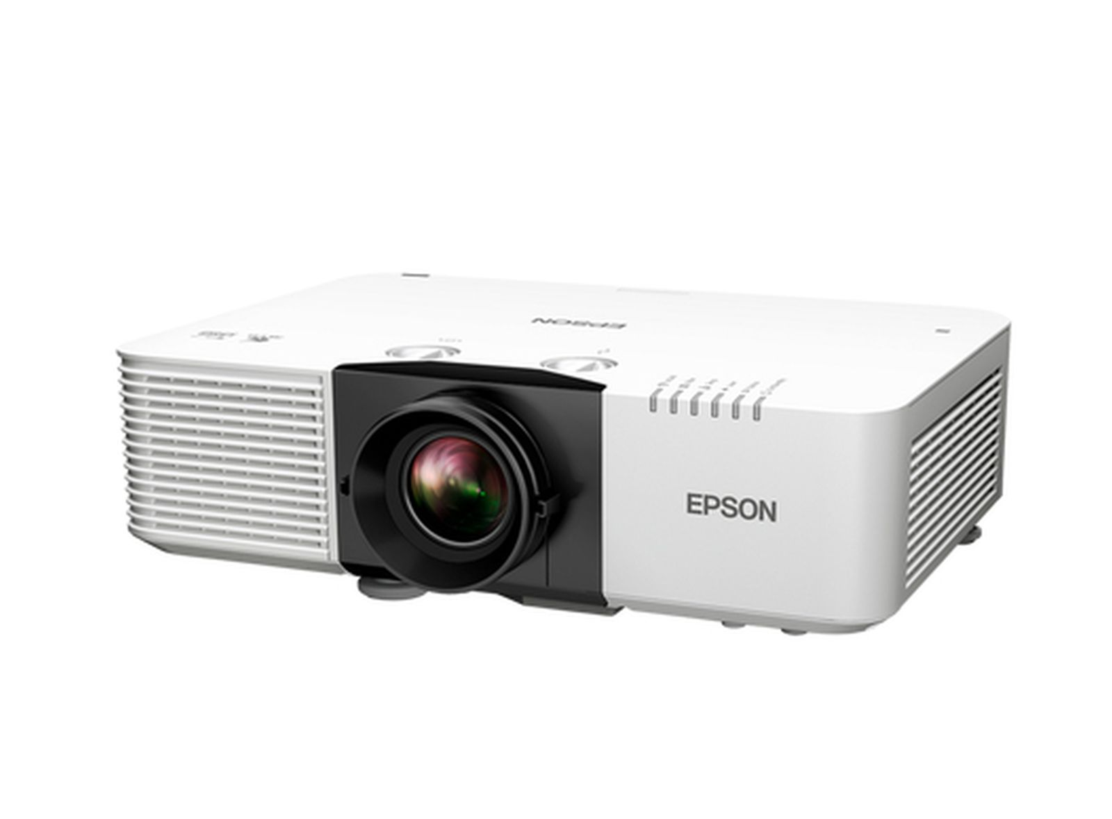 Ein weißer Epson-Projektor. Er hat eine schwarze Linse, Lüftungsgitter und das Epson-Logo. Der Hintergrund ist weiß.