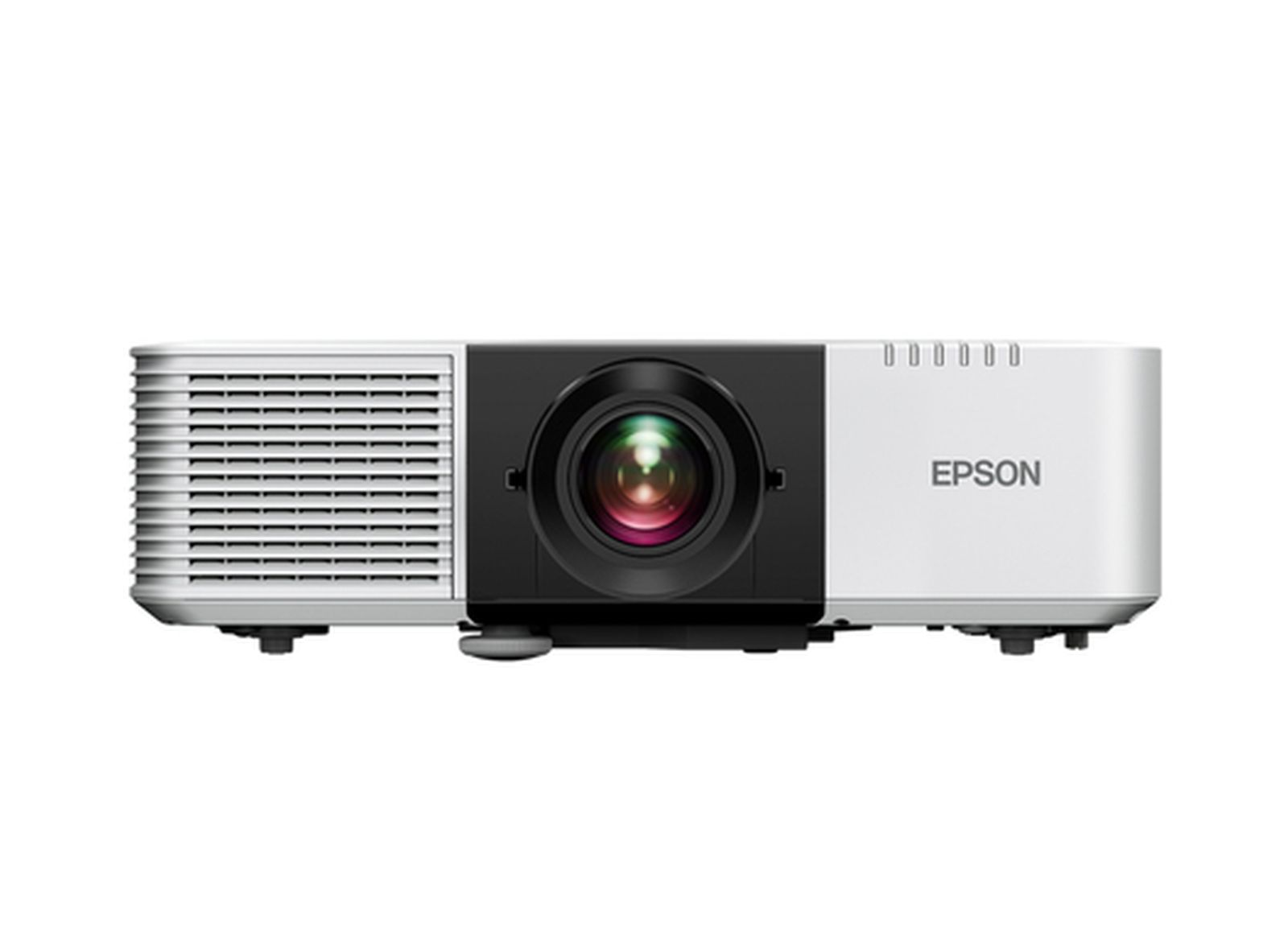 Epson-Projektor auf weißem Hintergrund. Er hat ein schwarzes Objektiv, einen weißen und schwarzen Körper und das Epson-Logo.