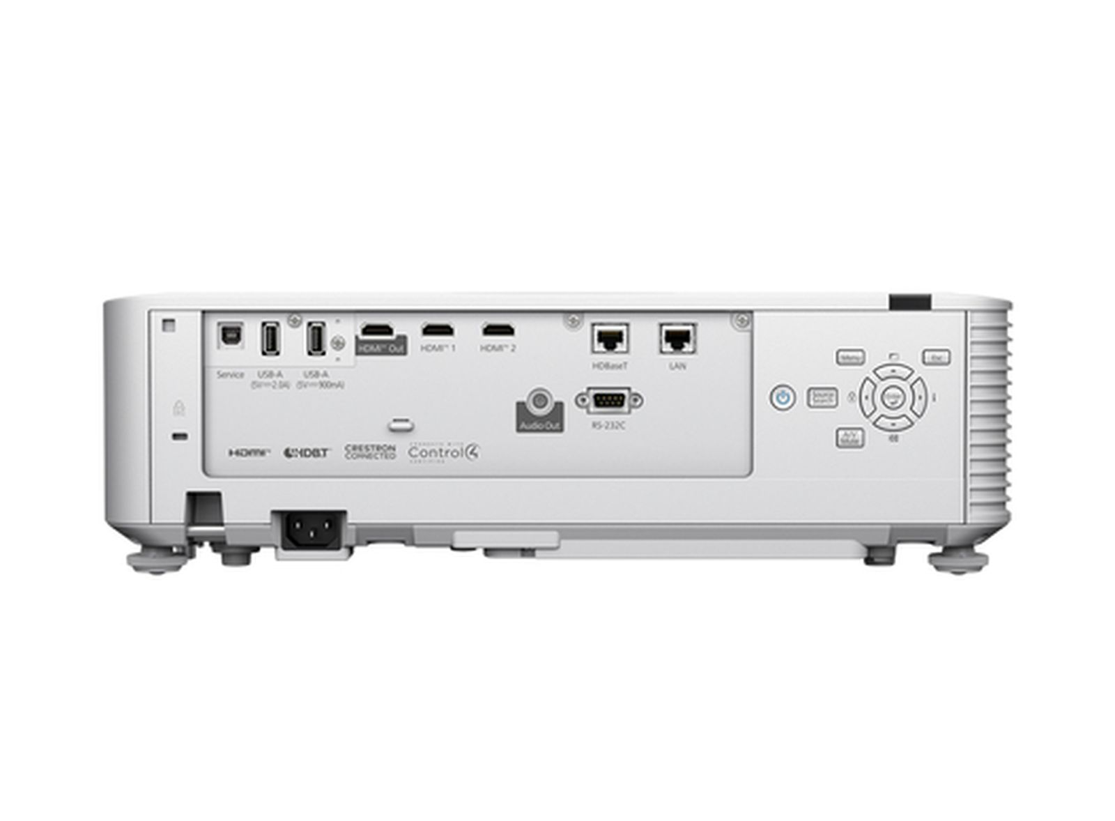Rückseite eines weißen Projektors mit Anschlüssen für HDMI, USB, LAN und Audio. Enthält Steuertasten und einen Stromeingang.