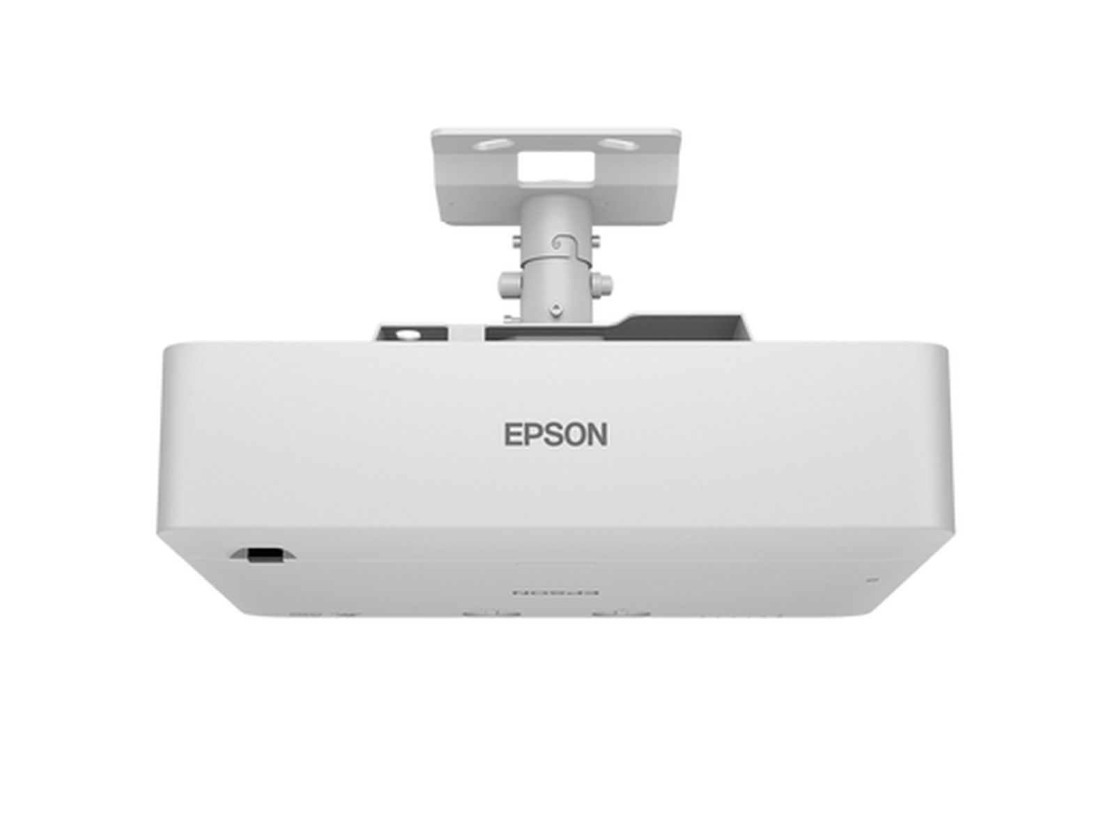 Ein weißer Epson-Projektor ist an einer Deckenhalterung aufgehängt. Das Epson-Logo ist mittig auf der Vorderseite. Der Hintergrund ist weiß.