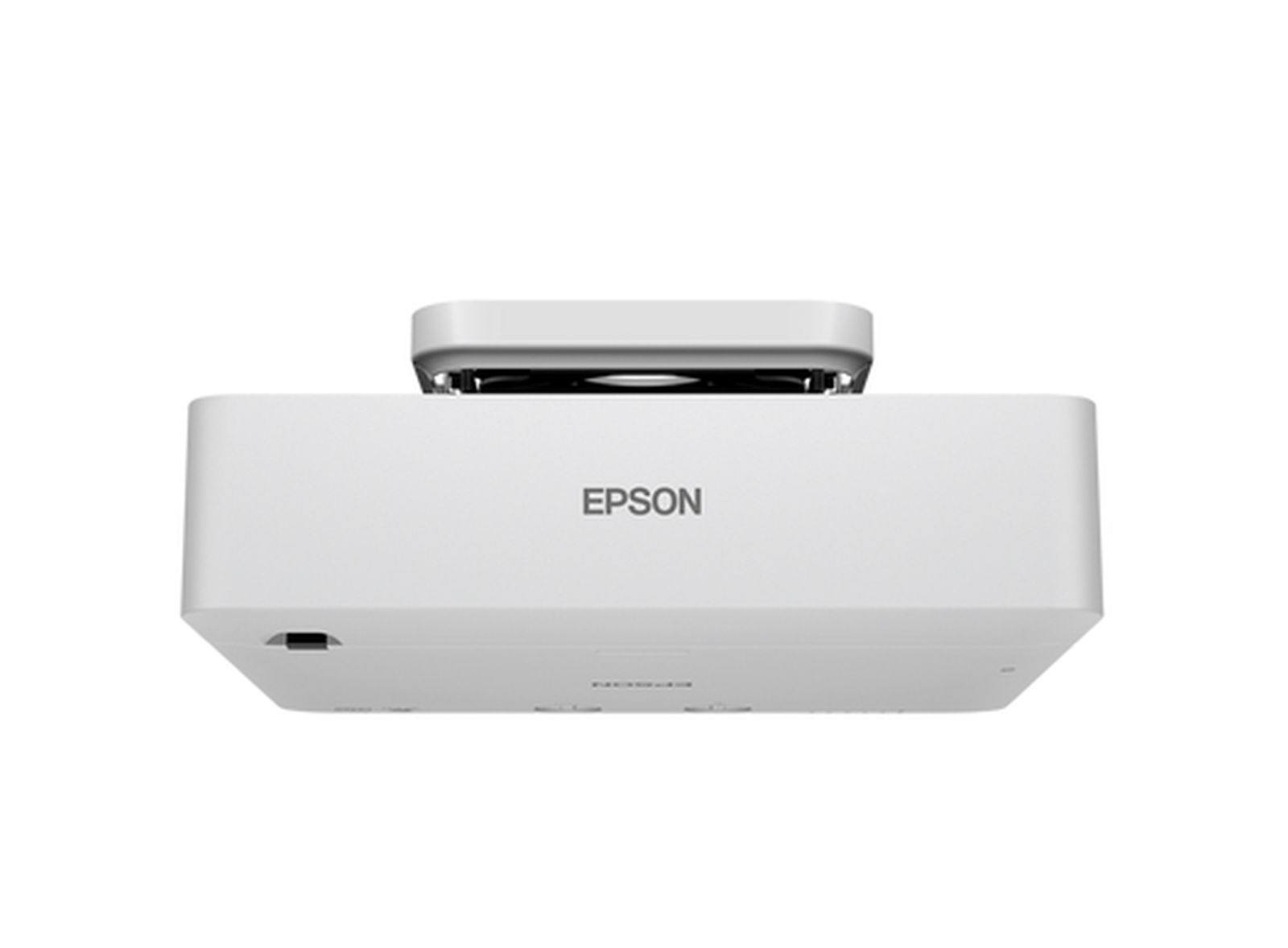 Ein weißer Epson-Projektor. Er hat eine rechteckige Form mit dem Epson-Logo auf der Vorderseite. Er sitzt auf weißem Hintergrund.