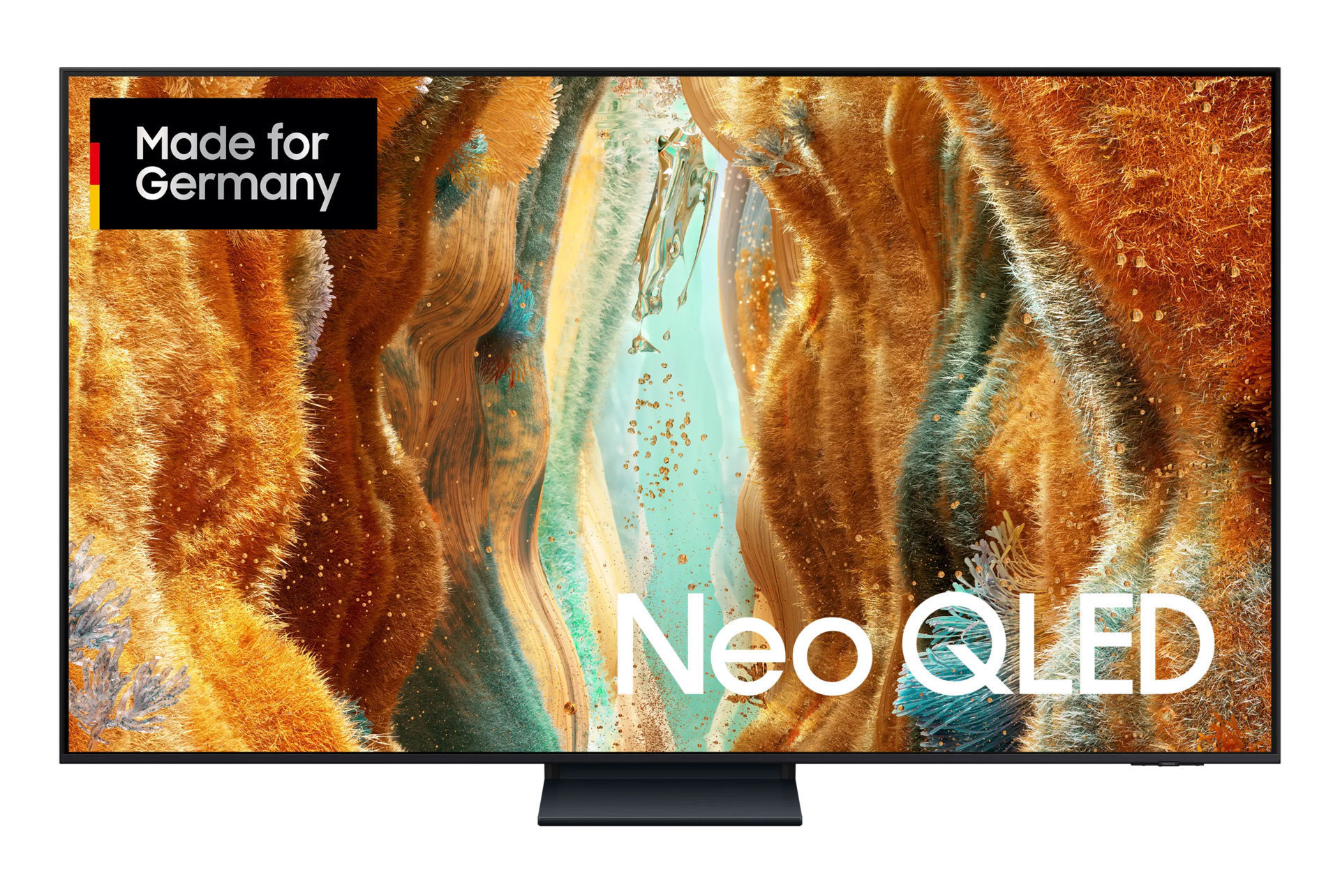 Un televisore Samsung Neo QLED. Lo schermo mostra una scena d'arte astratta con colori arancione, verdi e oro. Made in Germany.