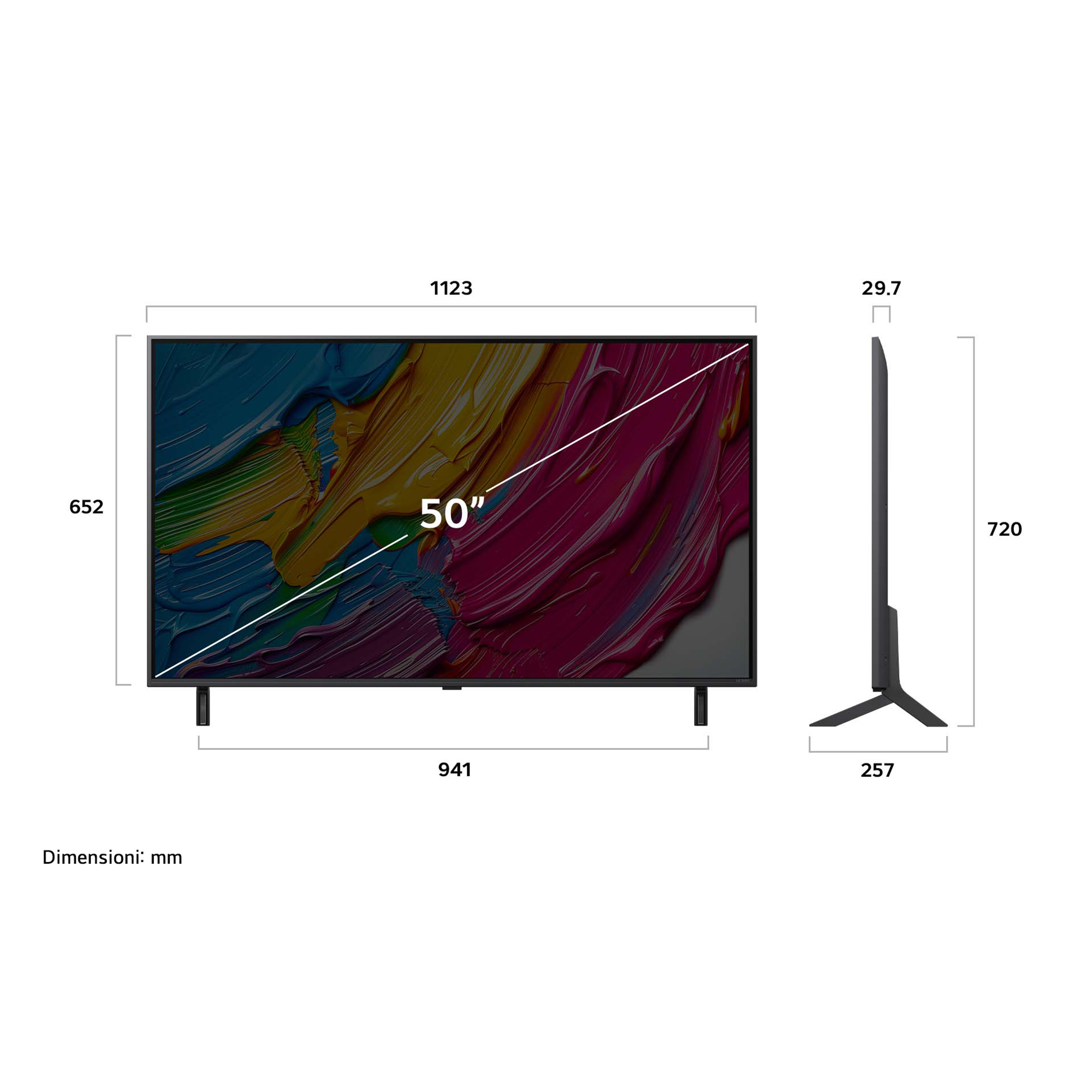 Una TV da 50 pollici con dimensioni. Lo schermo mostra tratti di vernice colorati. Misure in mm.