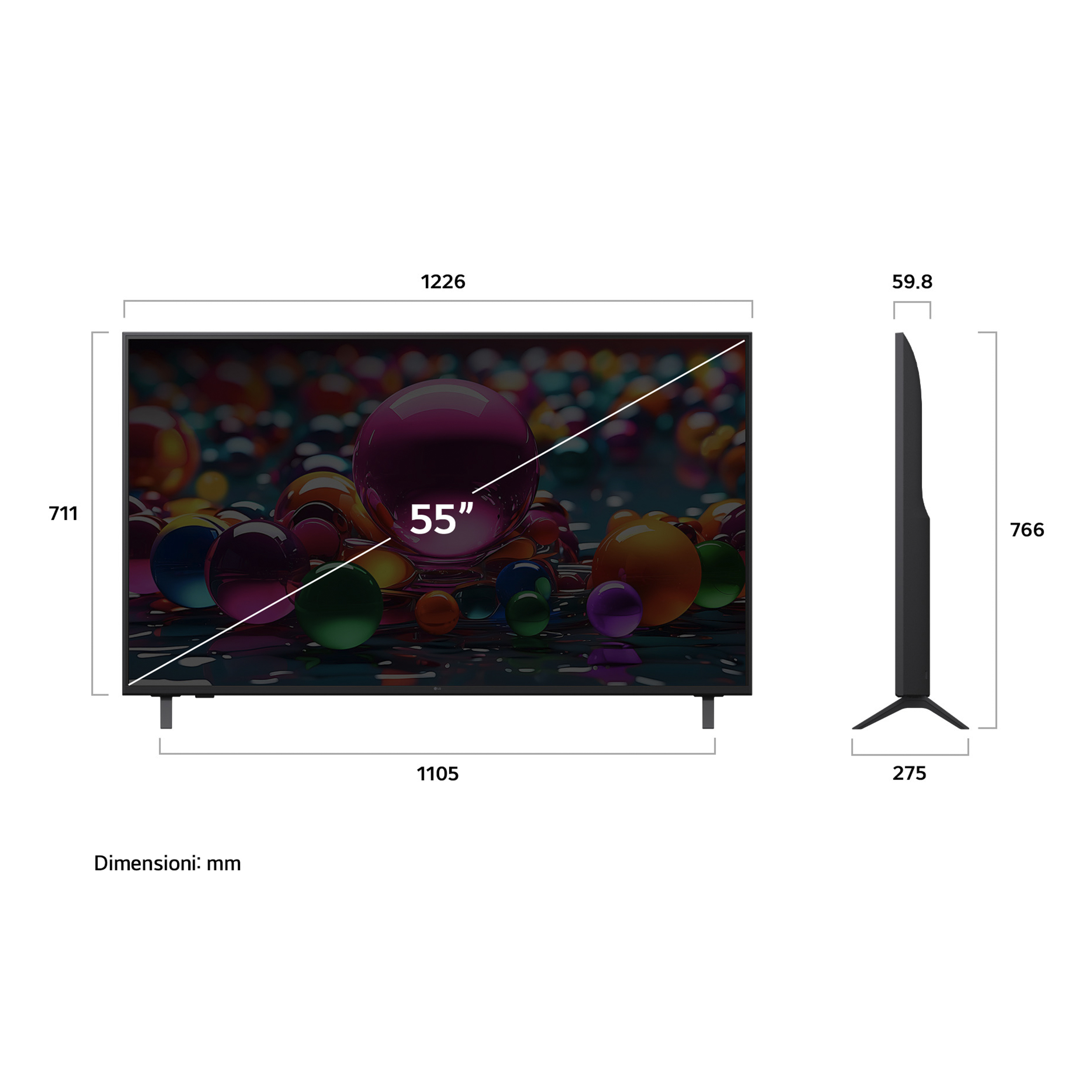 Une télévision de 55 pouces avec des dimensions, présentant un arrière-plan de sphères colorées. Elle a des pieds noirs et un design élégant.