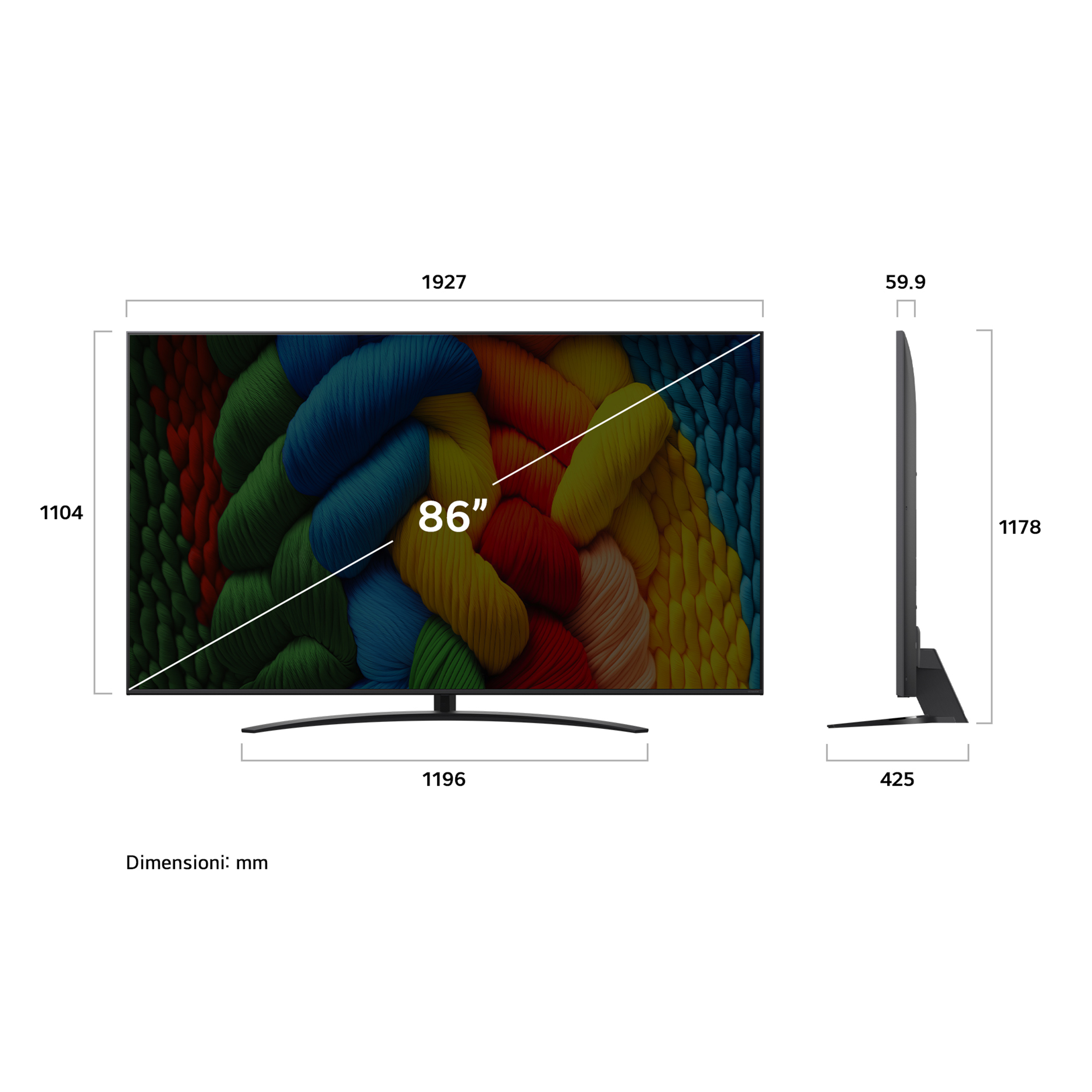 Une télévision de 86 pouces avec dimensions. L'écran affiche un motif coloré et texturé. Les dimensions sont en mm.