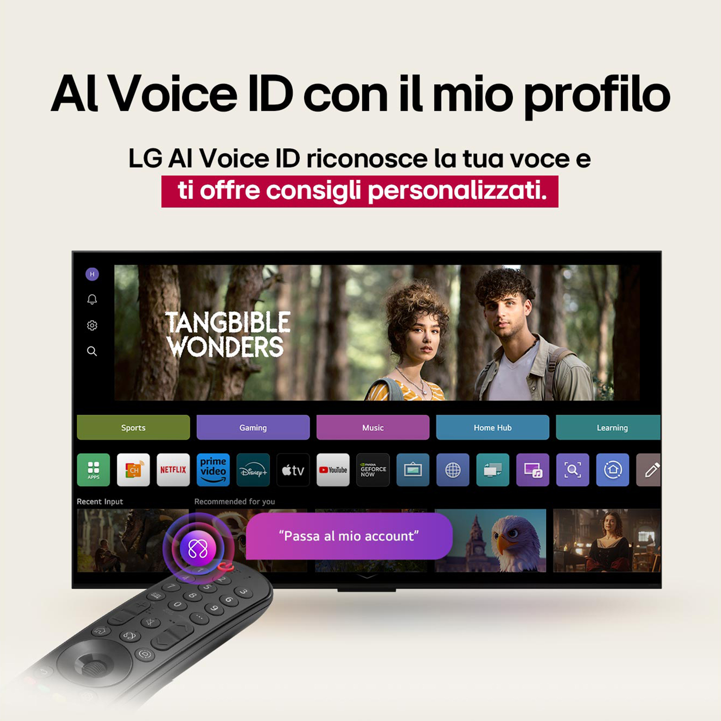Un écran de télévision avec une télécommande et du texte sur l'identification vocale. Comprend des icônes d'applications et deux personnes à l'écran.
