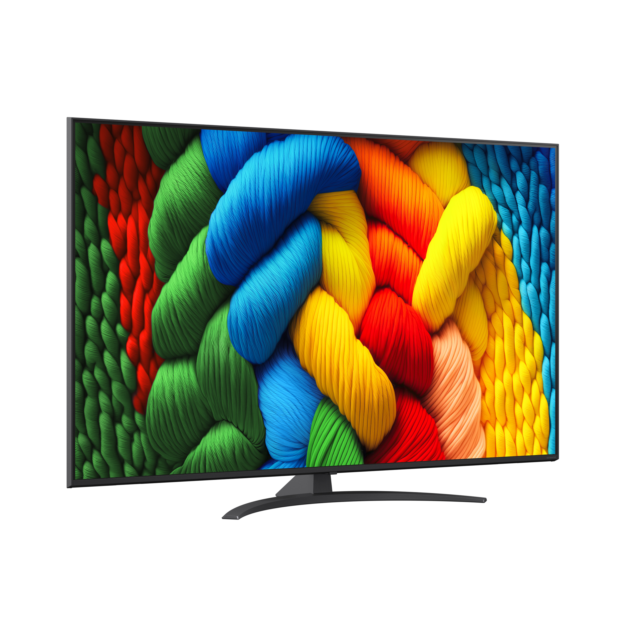 Une télévision moderne affiche un gros plan de textures tressées colorées en vert, rouge, orange, jaune, bleu et pêche.