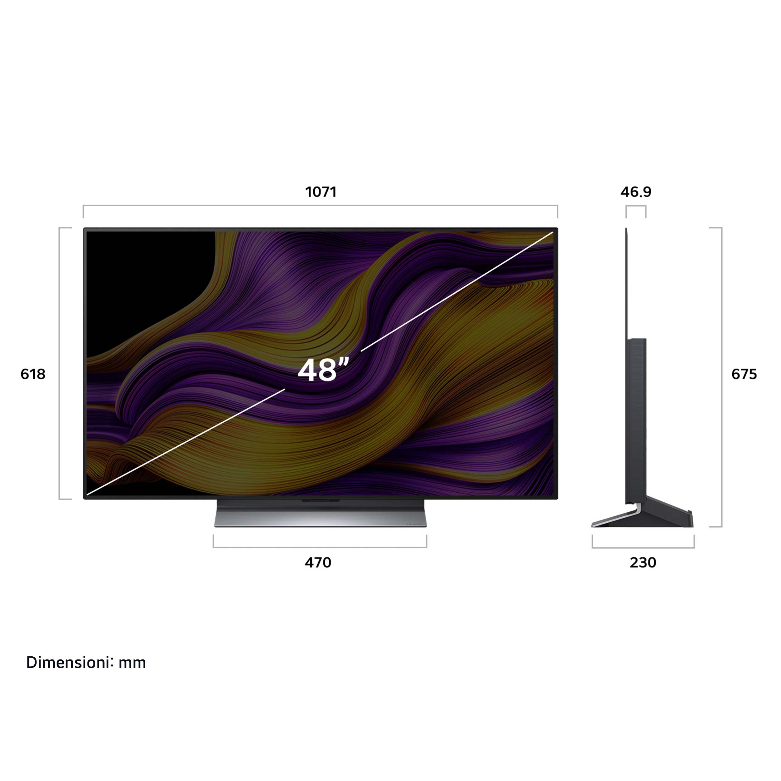Una TV da 48 pollici con dimensioni, lo schermo mostra un vortice di viola e giallo.