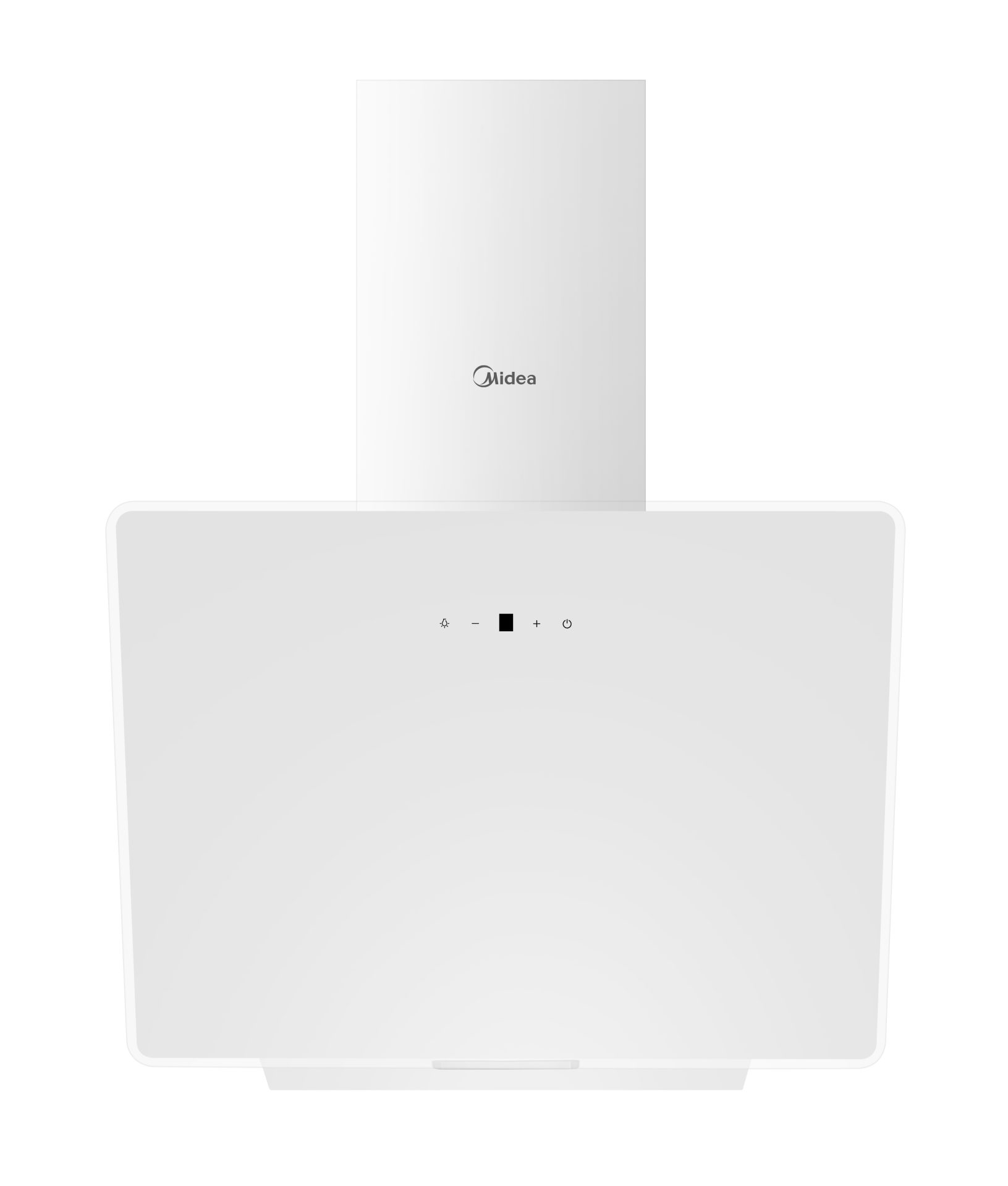 Campana extractora Midea blanca. Tiene un cuerpo rectangular con botones de control y una chimenea con el logo de Midea.