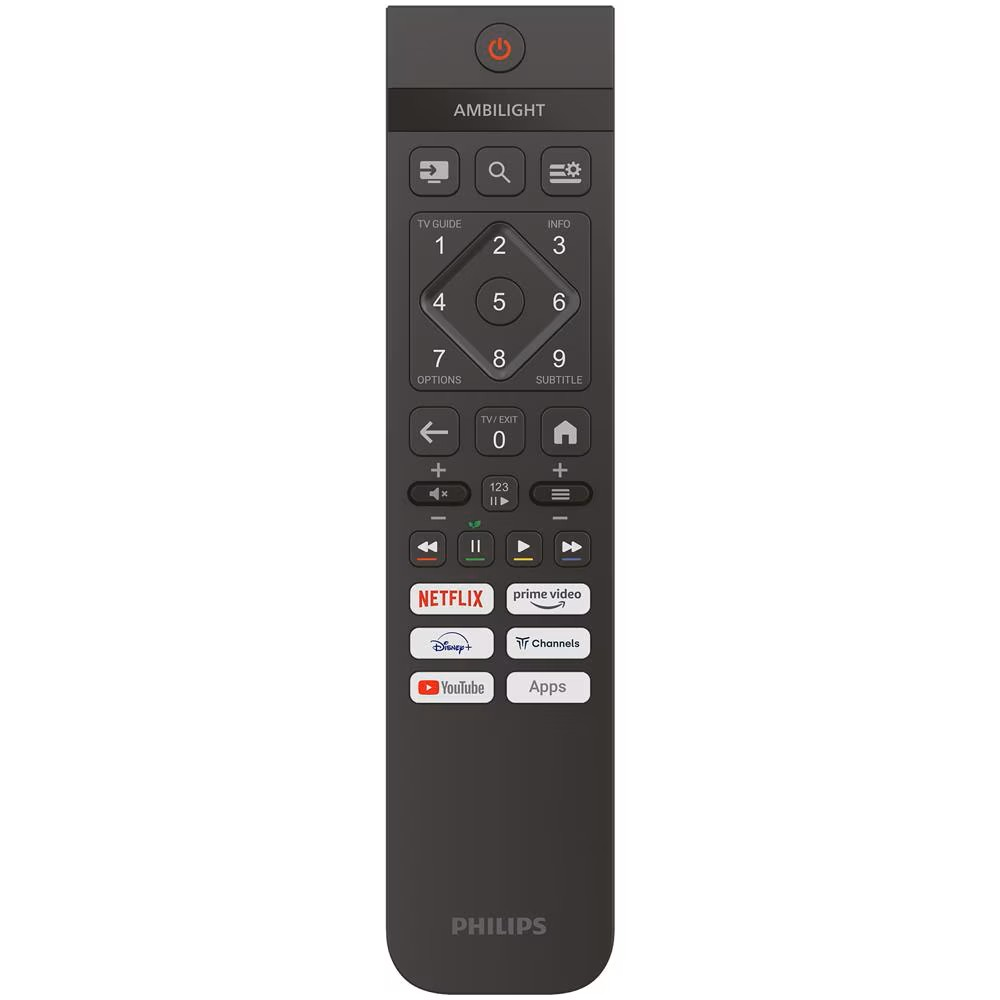 Un mando a distancia Philips con varios botones, incluyendo teclas numéricas, Netflix, YouTube y el botón de encendido.