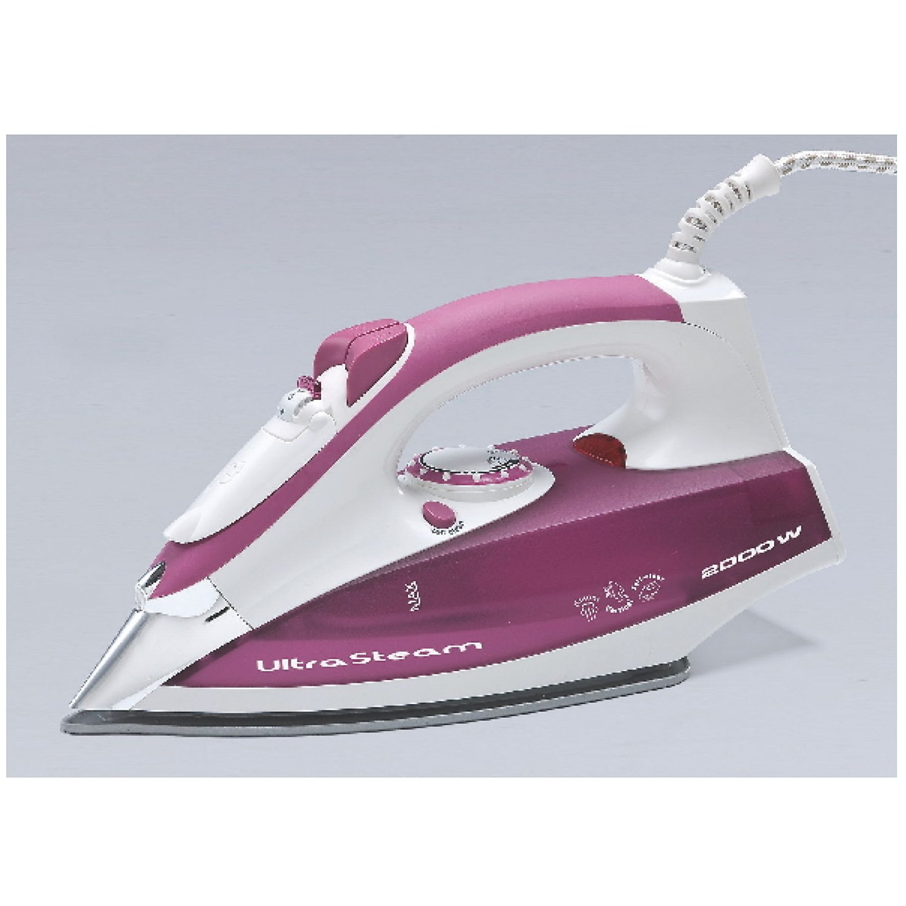 Białe i fioletowe żelazko. Ma spiczastą końcówkę i uchwyt. Żelazko ma ustawienie pary.