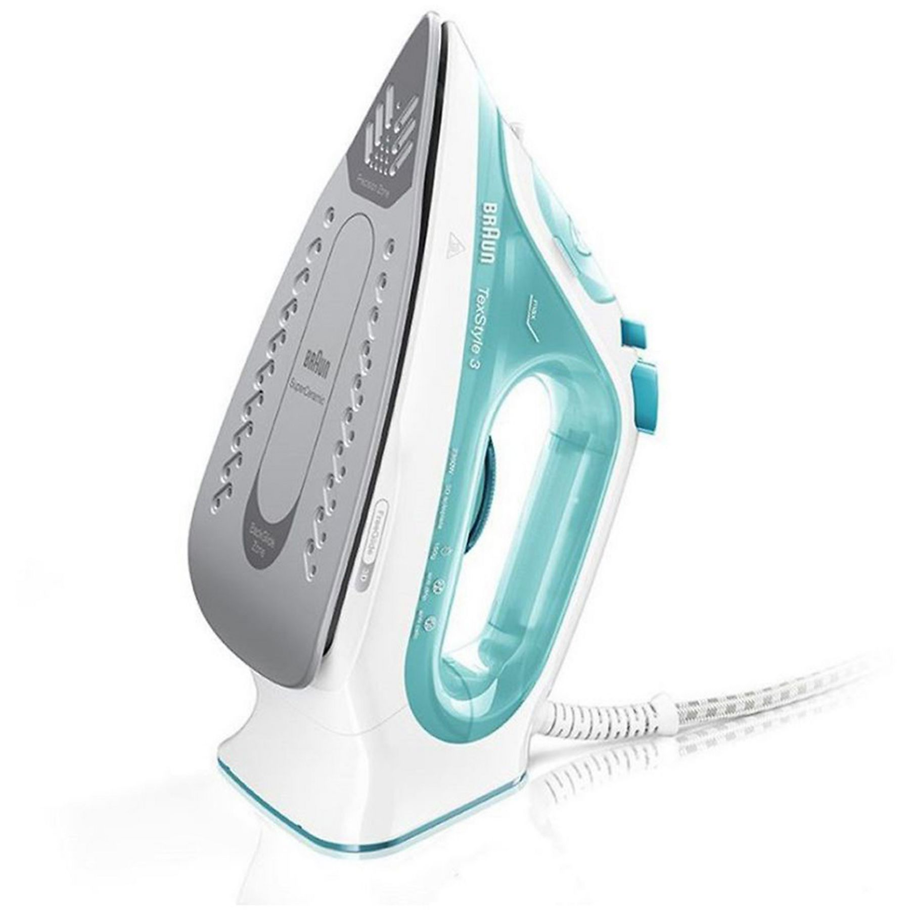Biało-turkusowe żelazko Braun TexStyle 3. Ma stopę SuperCeramic i przewód. Żelazko stoi na białej powierzchni.