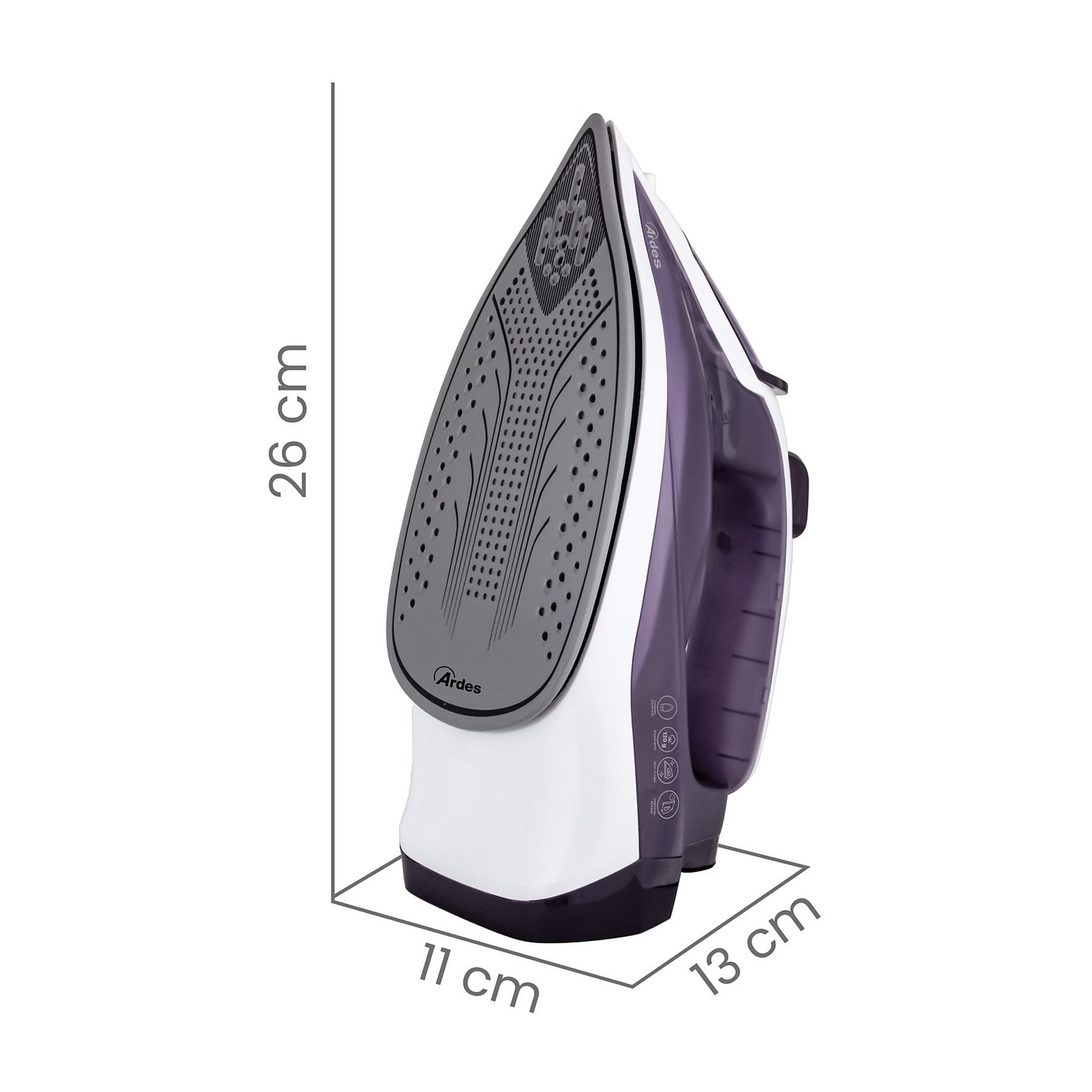 Żelazko z szarą stopą i fioletowo-białym korpusem. Wymiary: 26 cm wysokości, 11 cm szerokości i 13 cm długości.