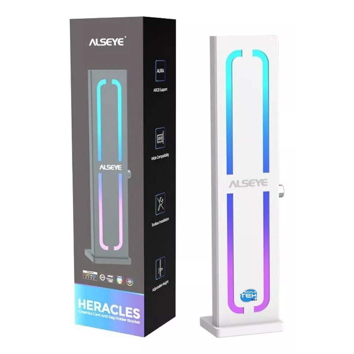 Una scatola bianca e nera e una striscia LED bianca. La scatola ha il testo 'HERACLES'. La striscia LED ha una luce a forma di U con viola e blu.