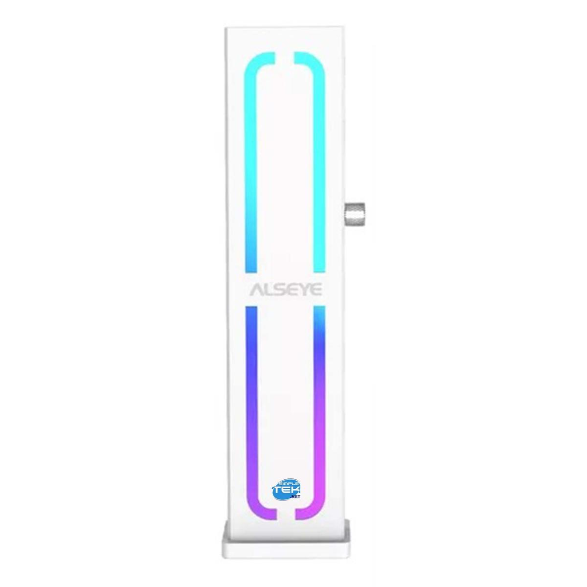 Dispositivo rettangolare bianco con strisce luminose blu e viola. Il marchio ALSEYE è visibile. Il fondo ha un logo blu.