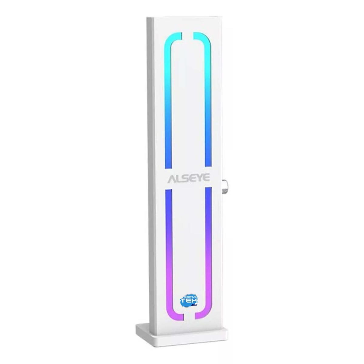 Torre luminosa LED ALSEYE bianca con luci blu e viola. Base e parte superiore bianche. Il nome del marchio e il logo sono visibili.