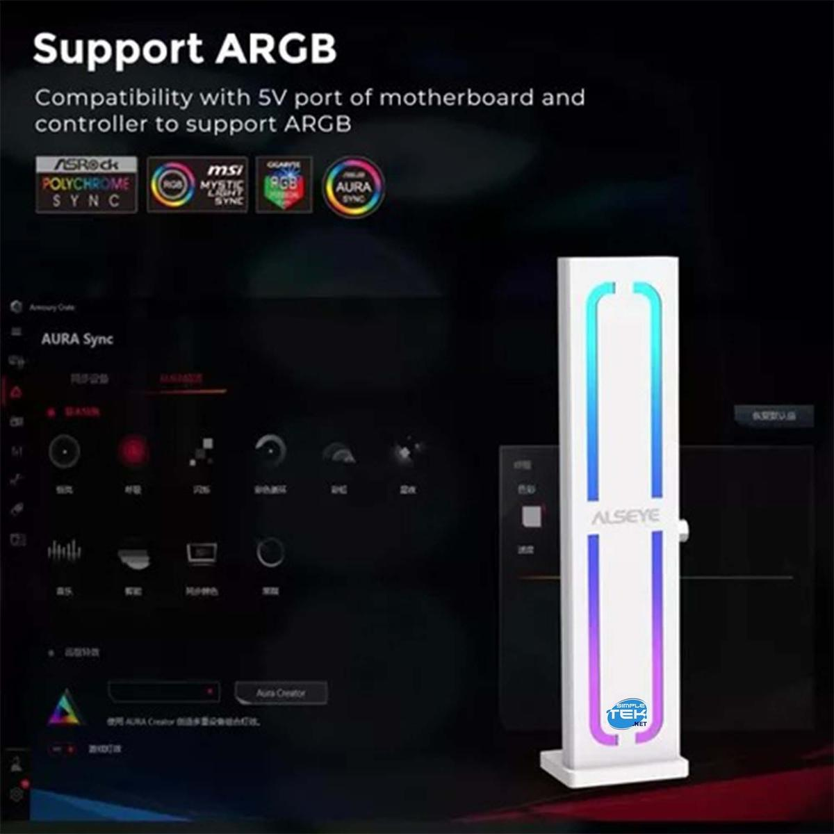 L'immagine mostra il supporto ARGB con i loghi dei marchi compatibili. È visibile un dispositivo ALSEYE bianco con luci blu e viola.