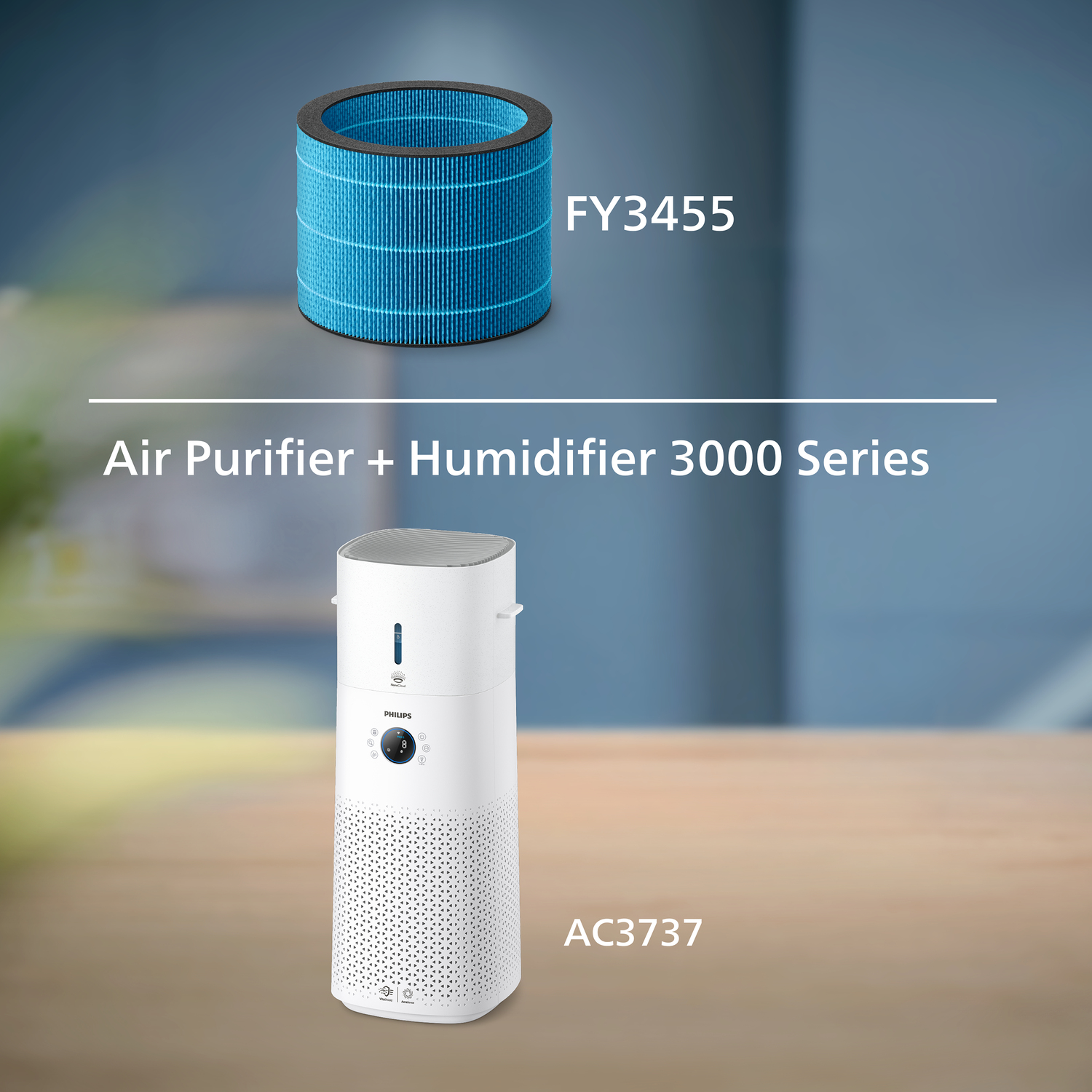 Un purificatore d'aria e umidificatore con filtro blu e dispositivo bianco. Il testo dice: "Air Purifier + Humidifier 3000 Series".