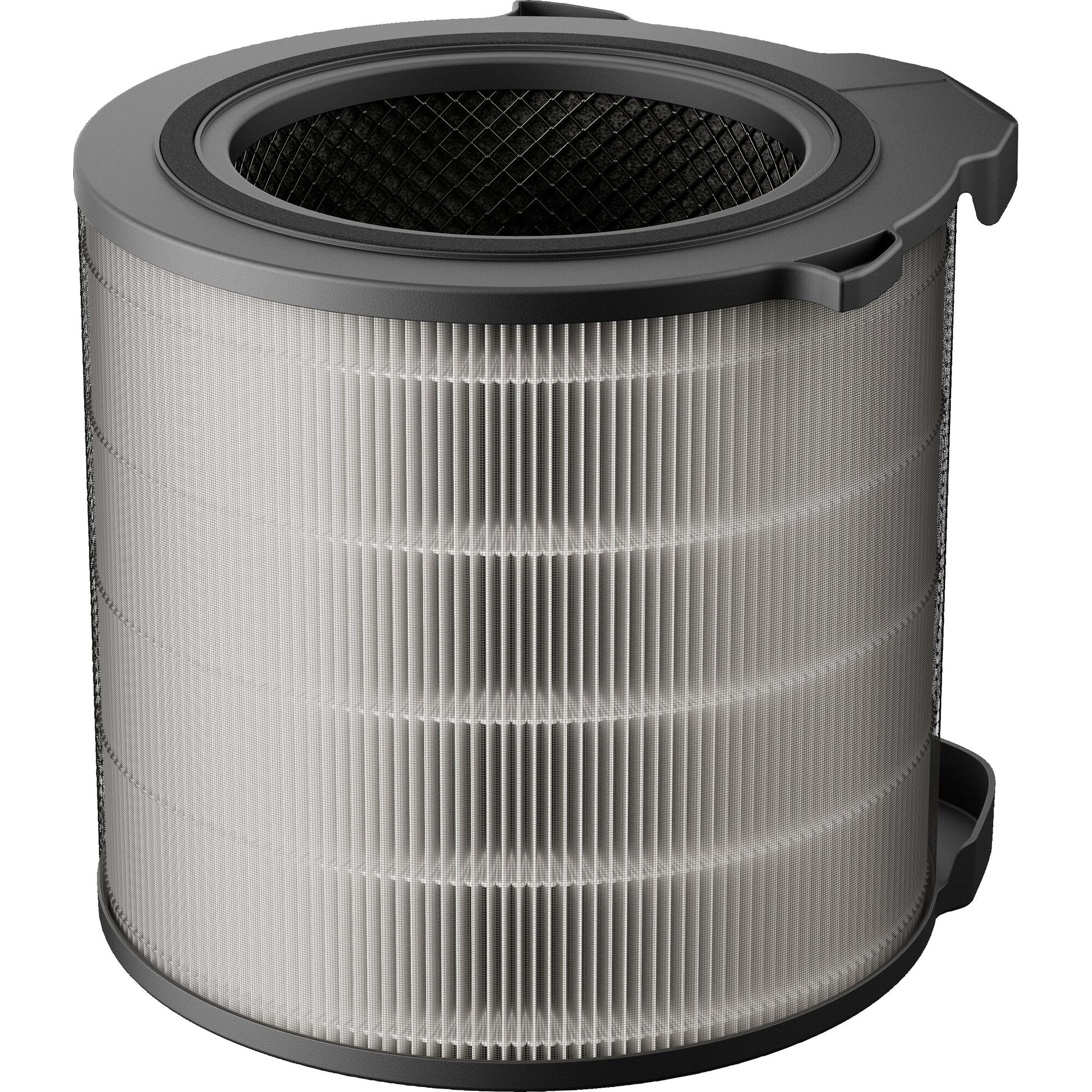 Filtr powietrza o kształcie walca. Ma siatkową zewnętrzną i ciemne wnętrze. Góra ma czarną obręcz i uchwyt.