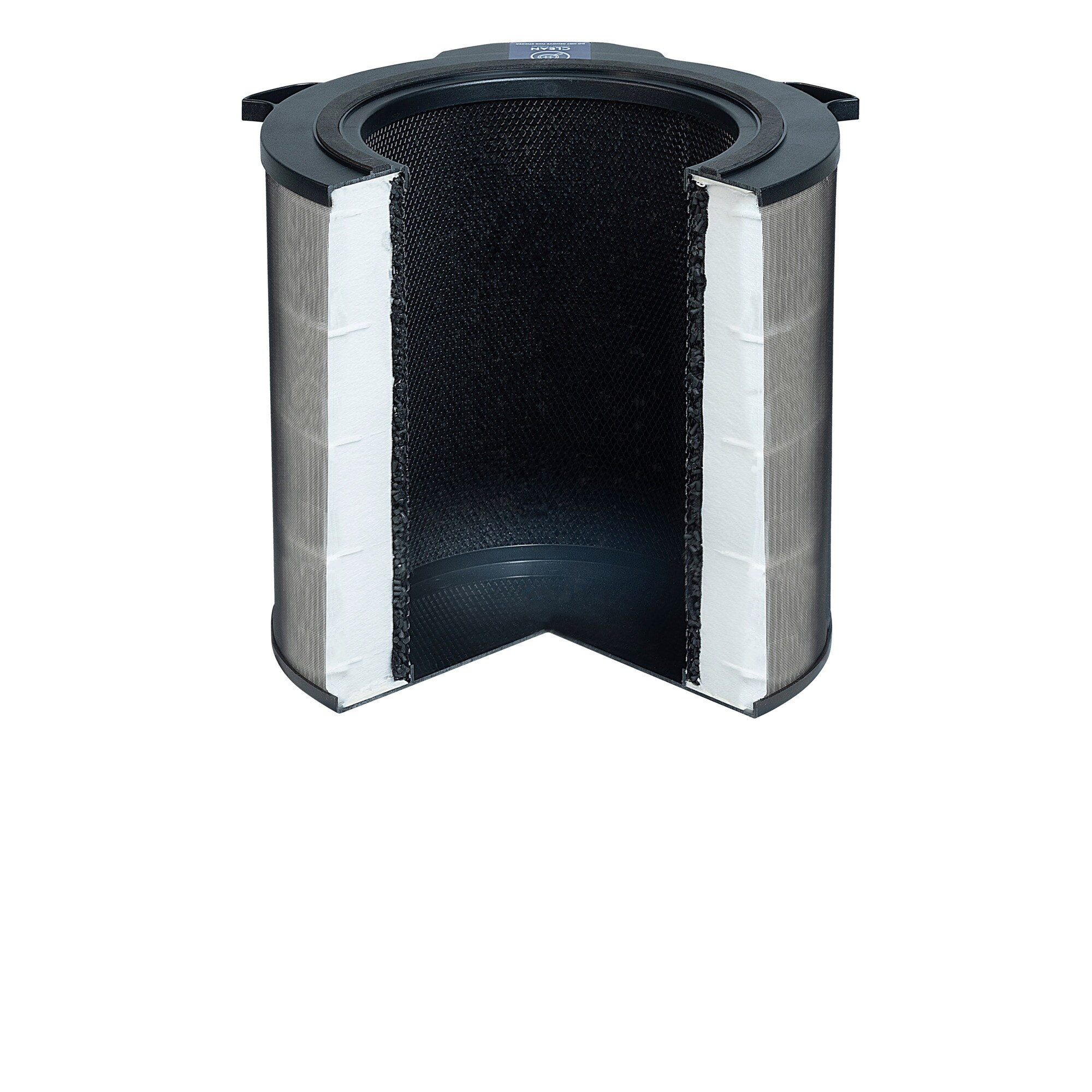 Przekrój filtra powietrza. Czarna siatka i filtr węglowy w czarnej ramie, z białymi warstwami filtracyjnymi.