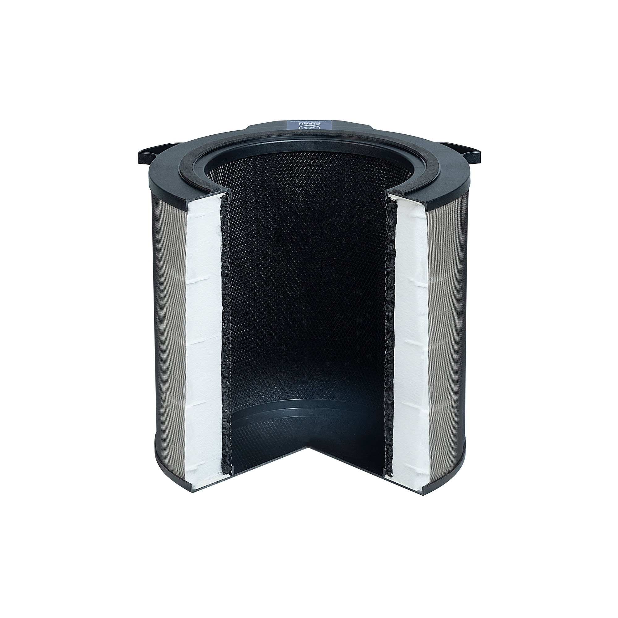 Filtr powietrza, widok przekrojowy. Czarne wnętrze z siatki, białe warstwy filtra, czarna rama. Izolowany na białym tle.