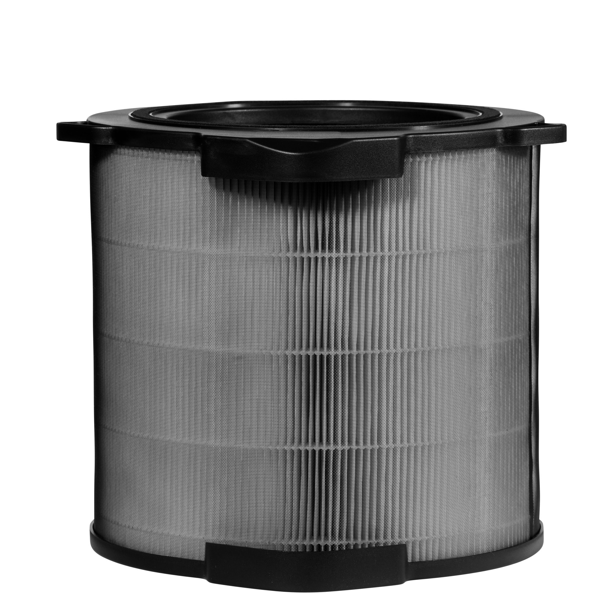 Cylindryczny filtr powietrza z czarną ramą i siatką. Ma górny uchwyt i jest na białym tle.