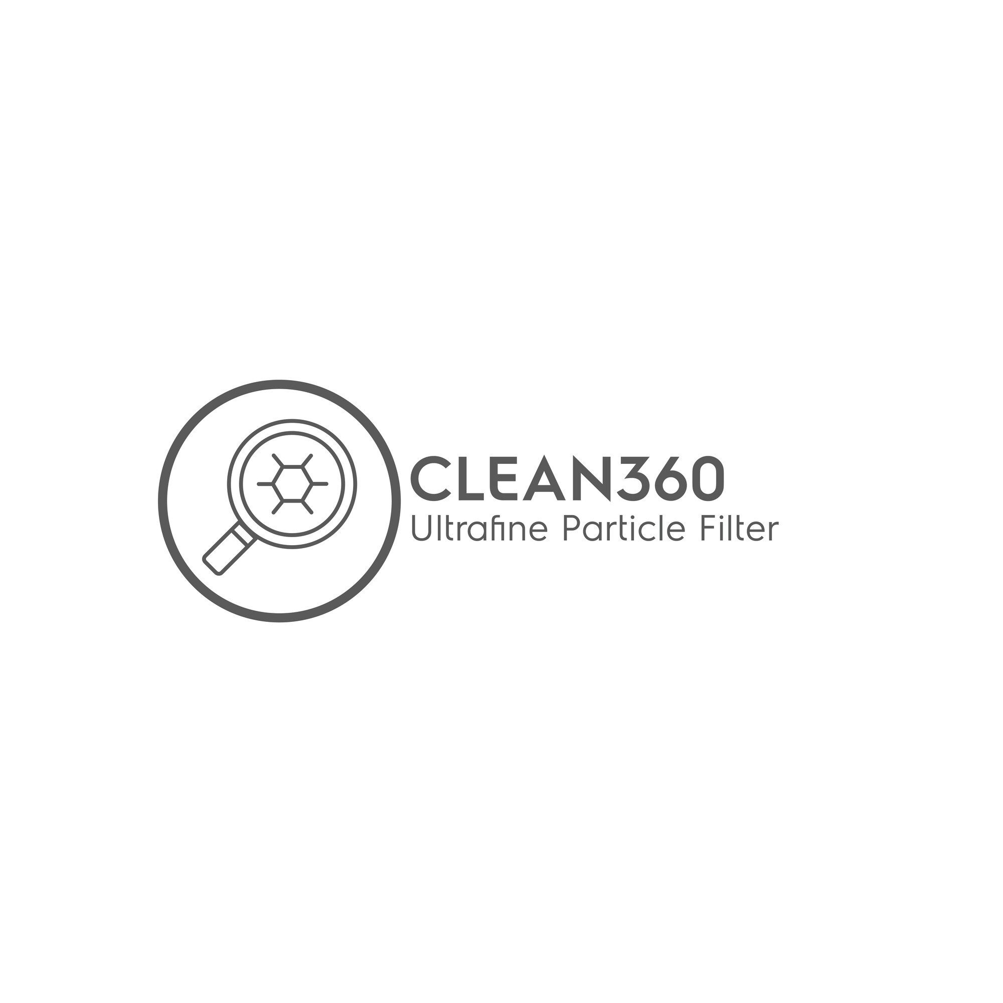 Logo z lupą nad strukturą molekularną, tekst CLEAN360 i Ultrafine Particle Filter na białym tle.