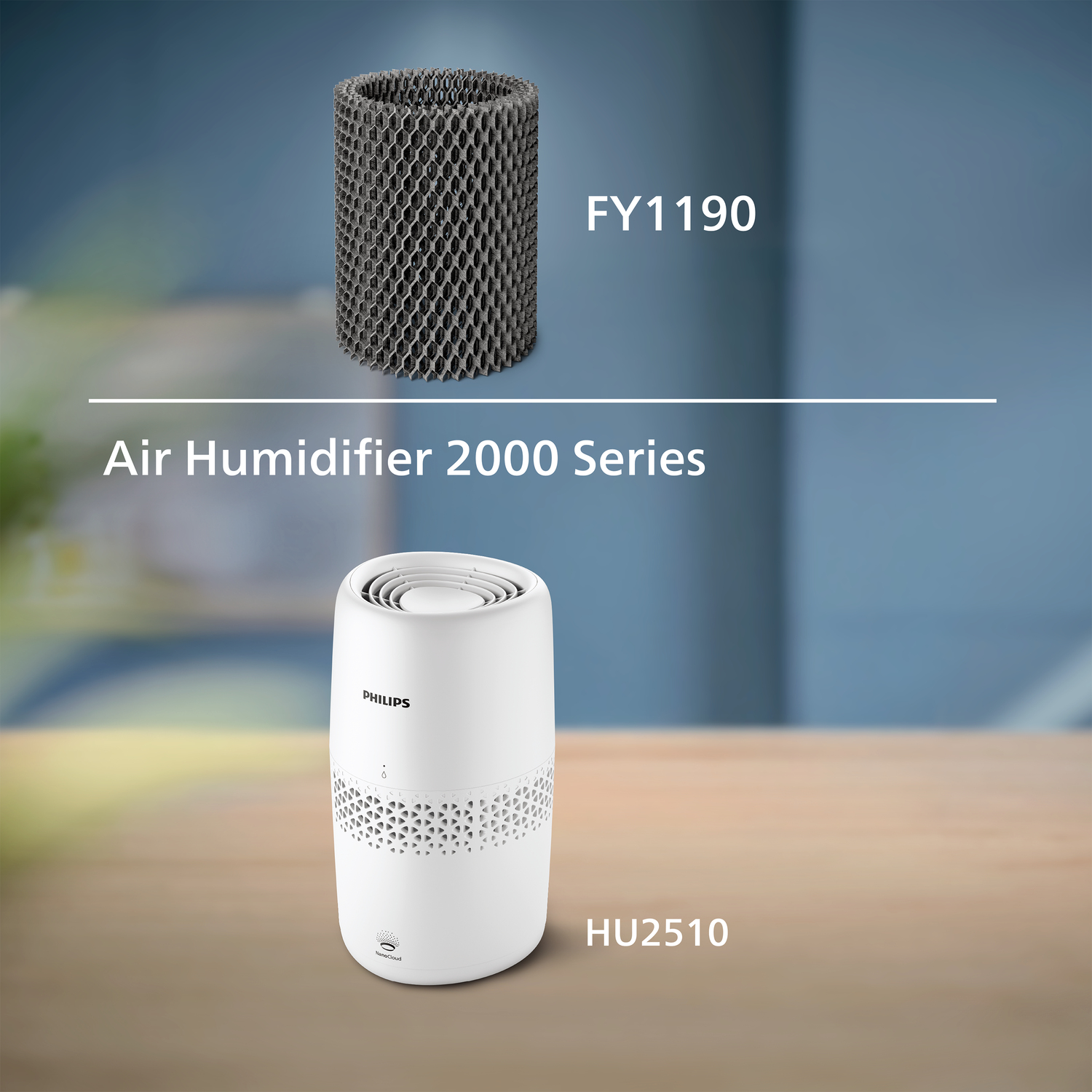 Oczyszczacz powietrza i filtr. Filtr jest cylindryczny, a oczyszczacz biały z logo Philips.