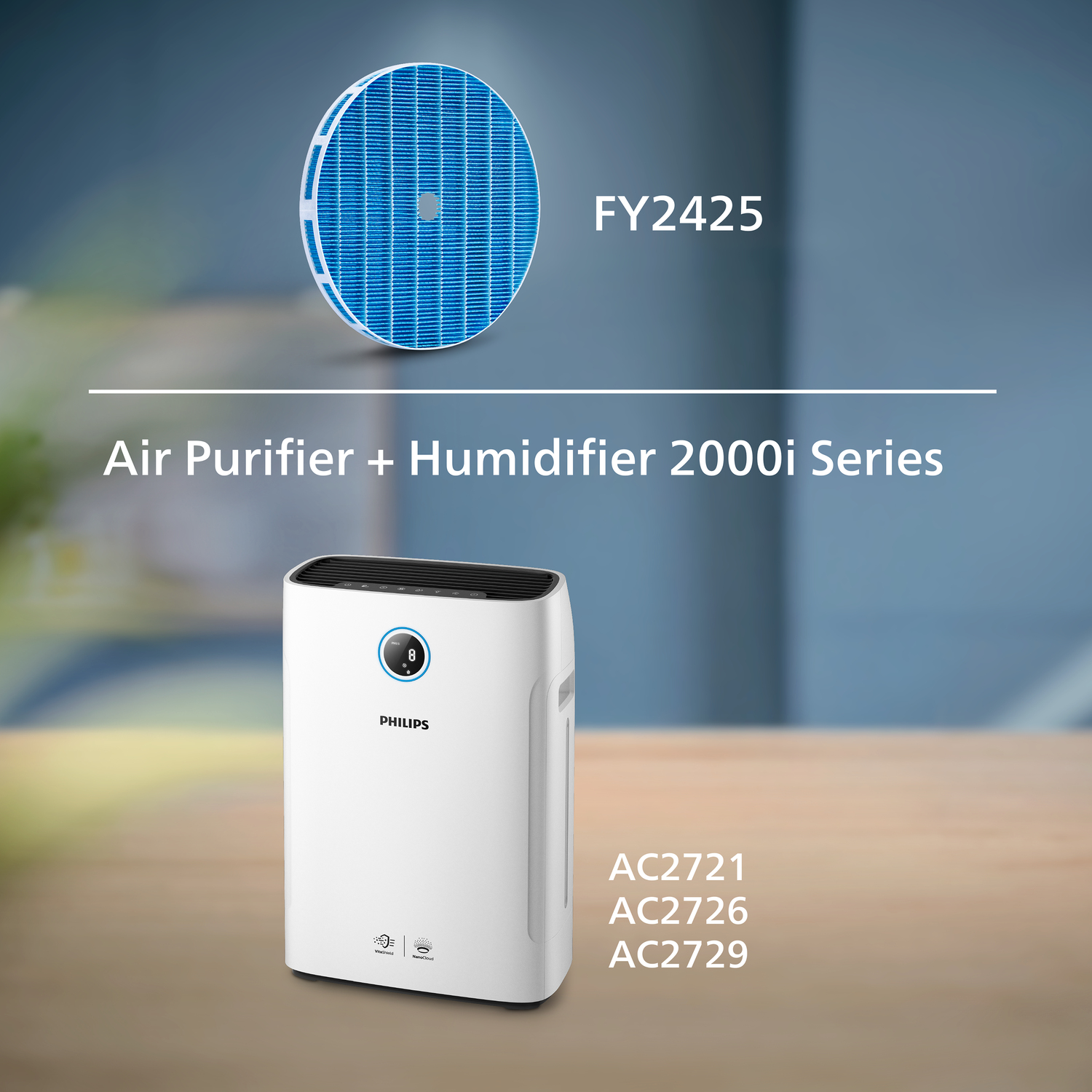 Un purificatore d'aria e umidificatore Philips bianco. Sopra è mostrato un filtro blu. Testo: Air Purifier + Humidifier 2000i Series, FY2425, AC2721, AC2726, AC2729.