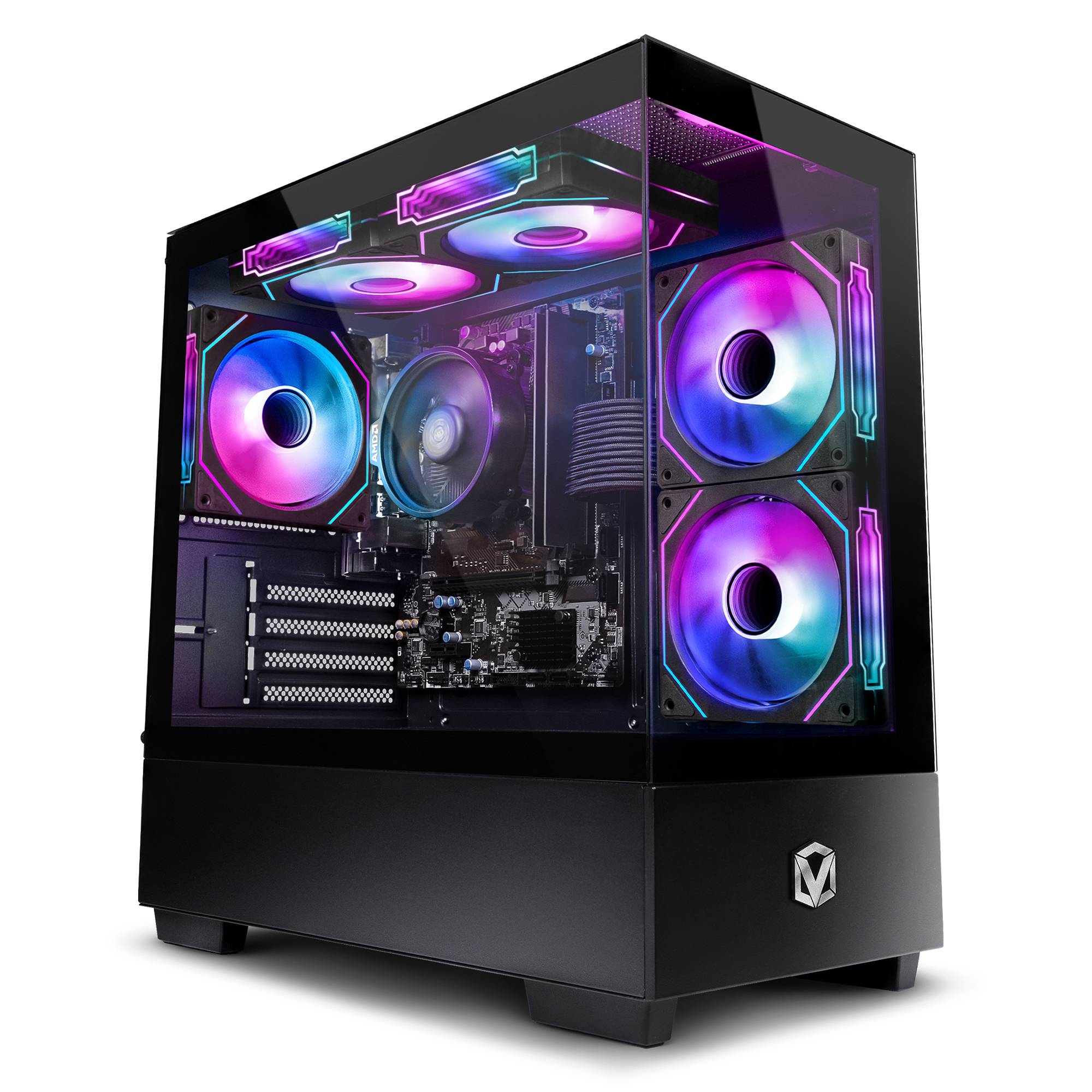 Schwarzes PC-Gehäuse mit transparenter Seite. Im Inneren befinden sich Lüfter mit RGB-Beleuchtung und verschiedene Computerkomponenten.