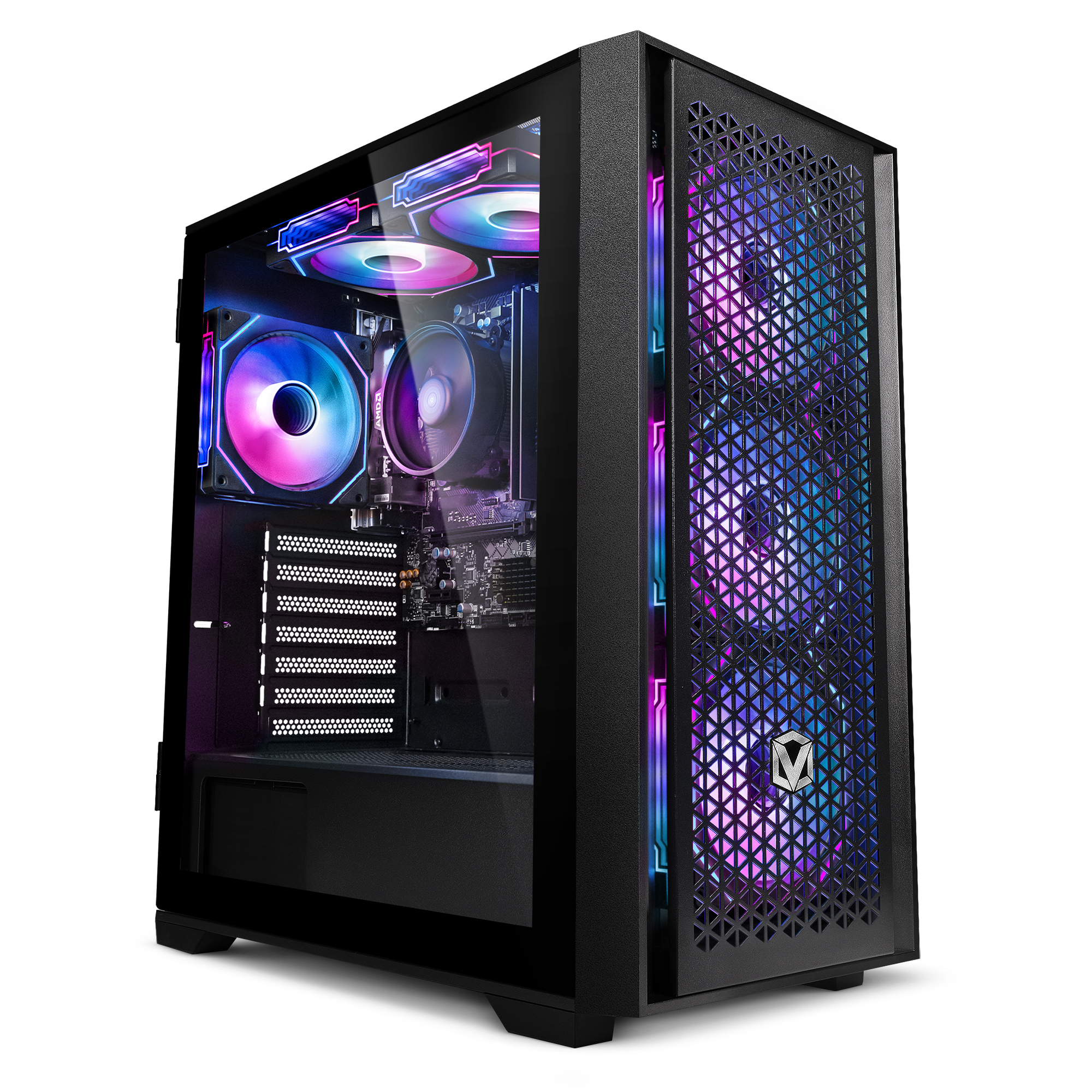 Ein schwarzes Computergehäuse mit Glasseitenwand. Im Inneren leuchten Lüfter blau, lila und rosa.
