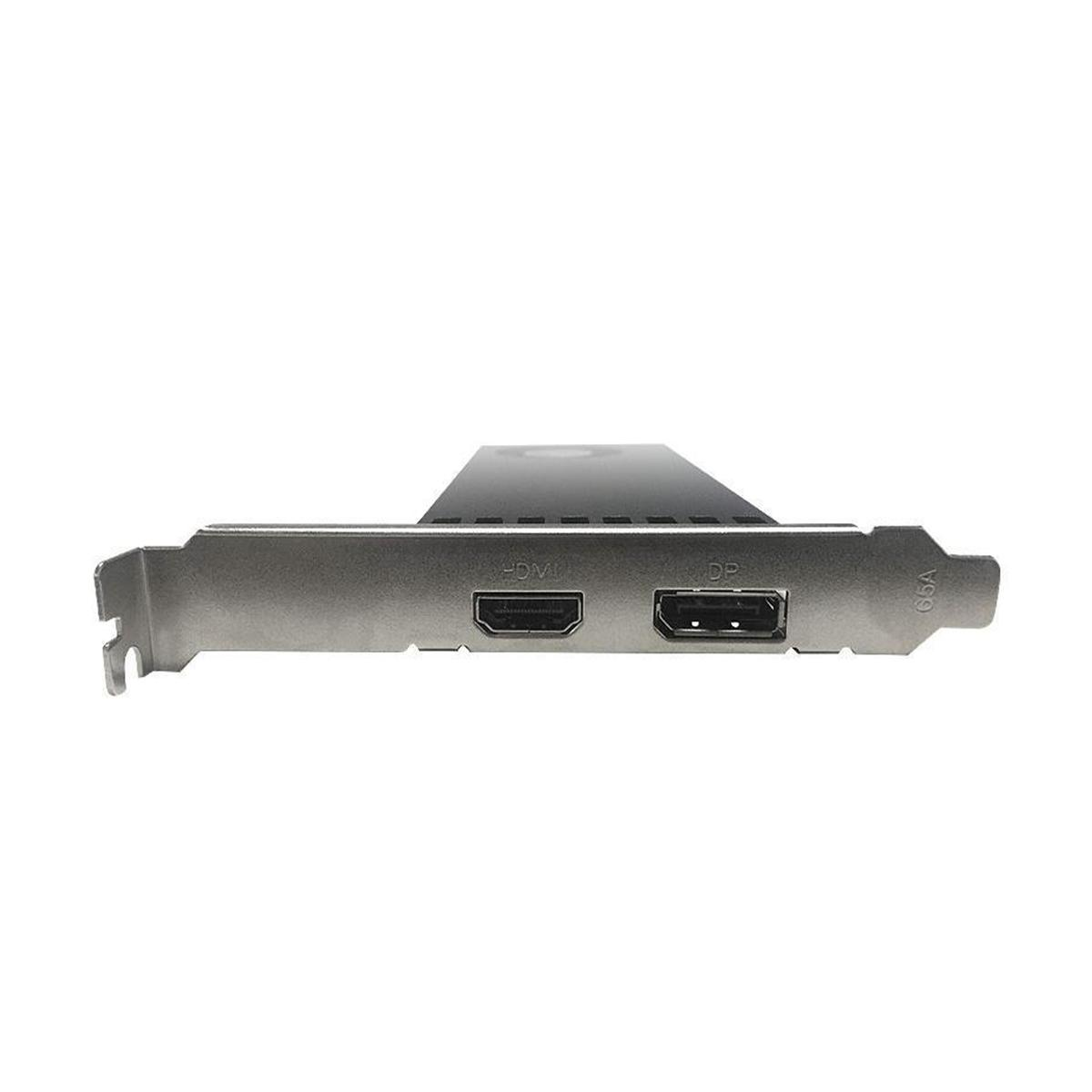 Una scheda grafica argentata con porte HDMI e DP e un'etichetta 66A. La scheda è su sfondo bianco.