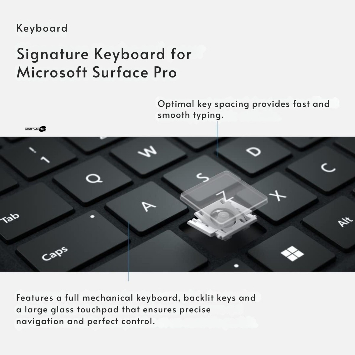 Czarna klawiatura z białymi literami. Podświetlony klawisz, pokazujący mechanizm wewnętrzny. Tekst: Signature Keyboard dla Microsoft Surface Pro.