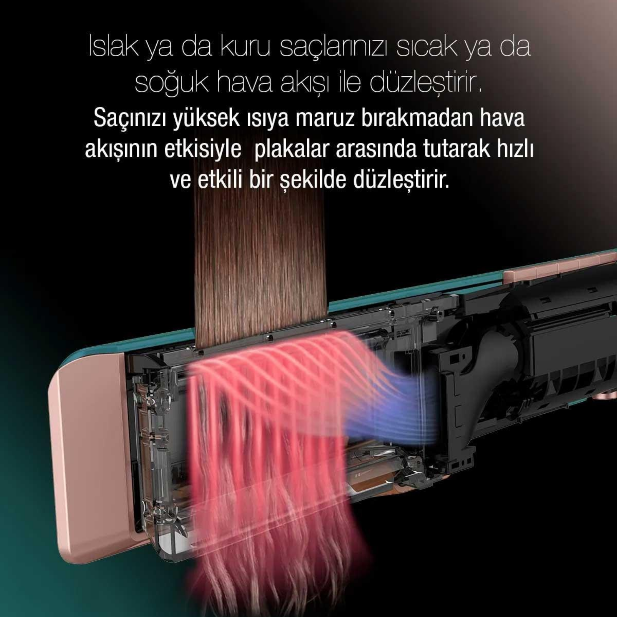 Plakalar arasında saç tutamları olan bir saç düzleştirici. Kırmızı ve mavi hava akışları görülüyor. Türkçe metin görüntüleniyor.