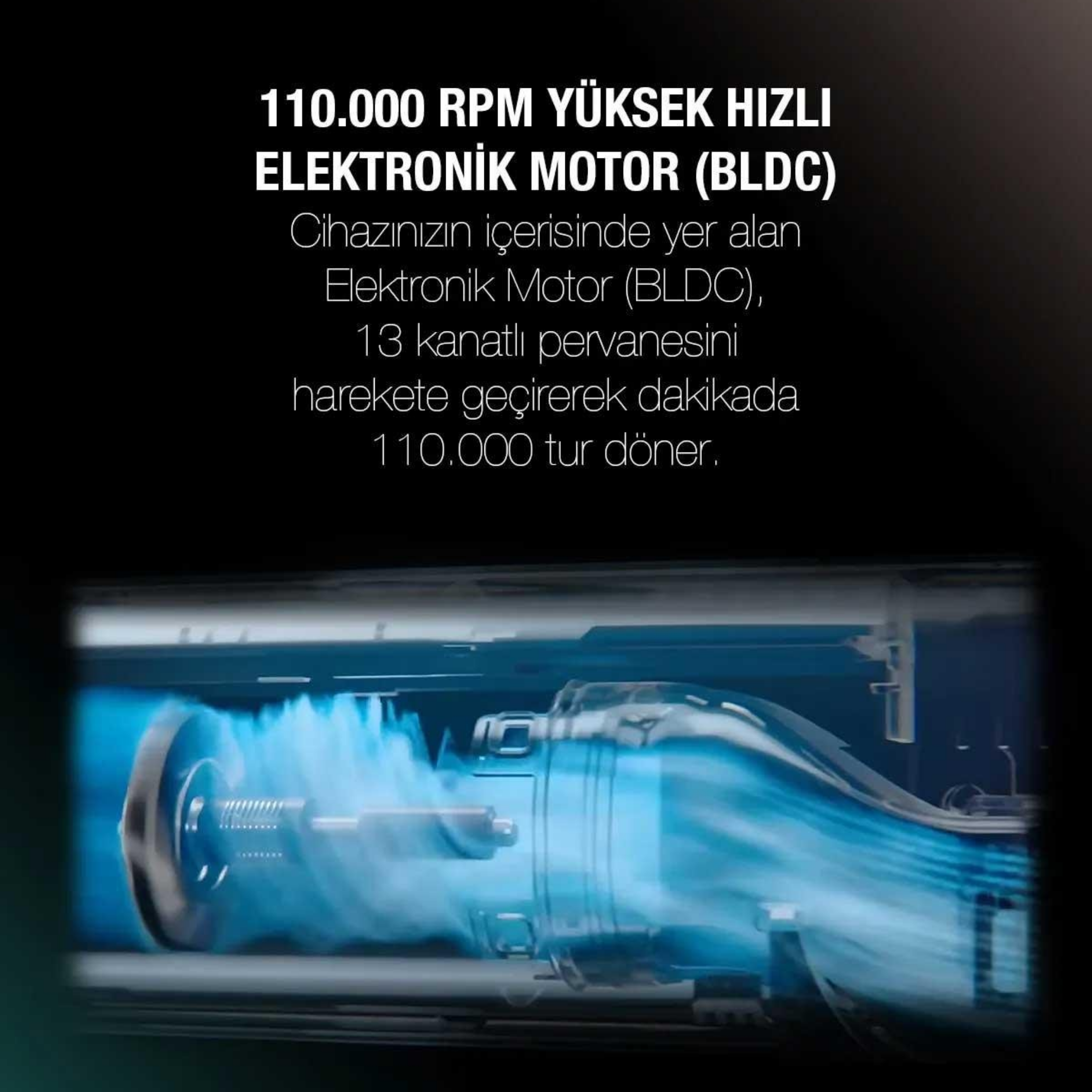 Görüntü, mavi hava akışlı bir motoru gösteriyor. Metin şu şekildedir: 110.000 RPM Yüksek Hızlı Elektronik Motor (BLDC).